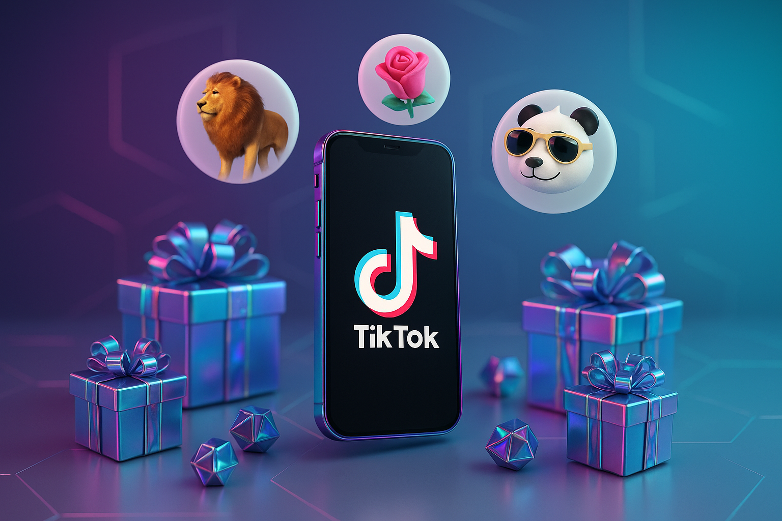 Phone with tiktok gifts like rose, Lion and panda floating around