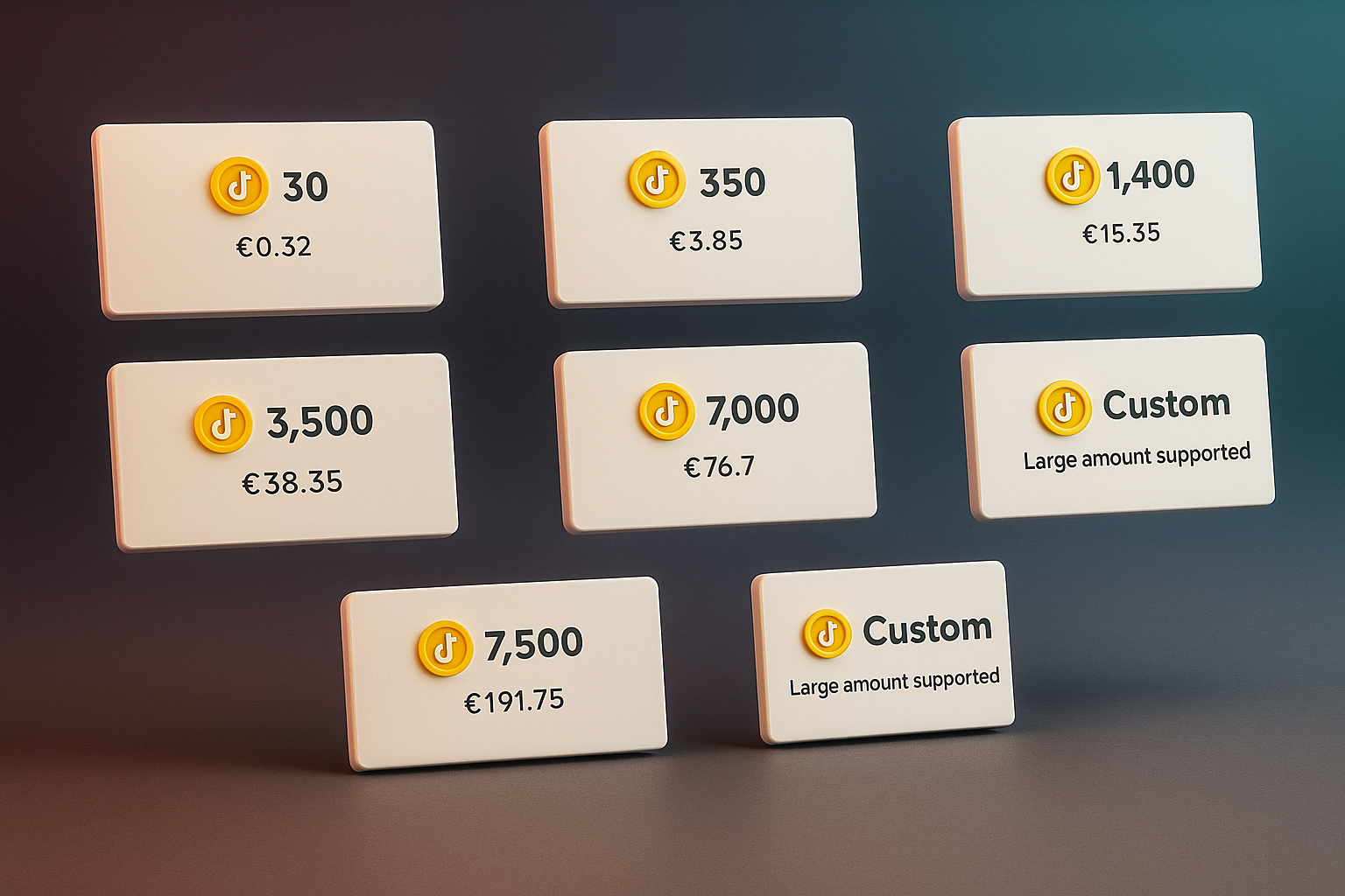 3D chart showing TikTok coin bundles with euro prices, including preset and custom options