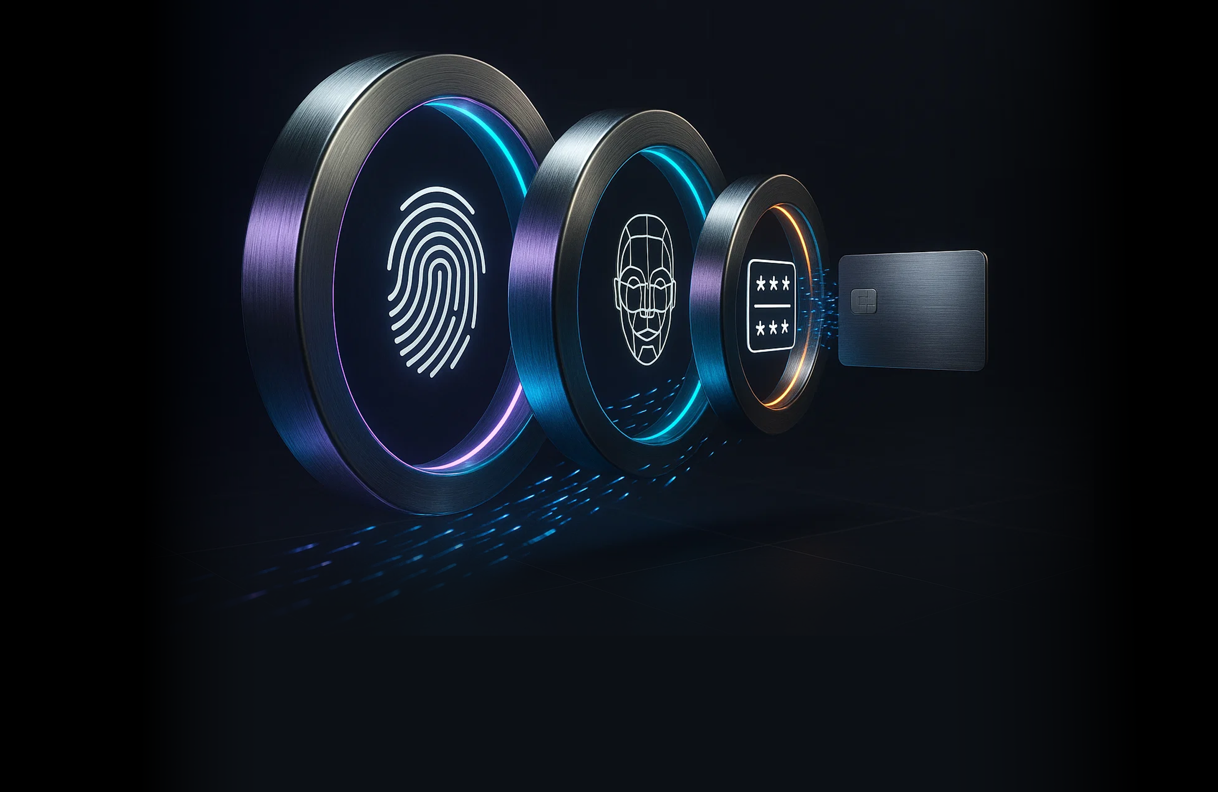 Multi-factor authentication concept with glowing rings showing fingerprint, facial recognition, password, and credit card icons