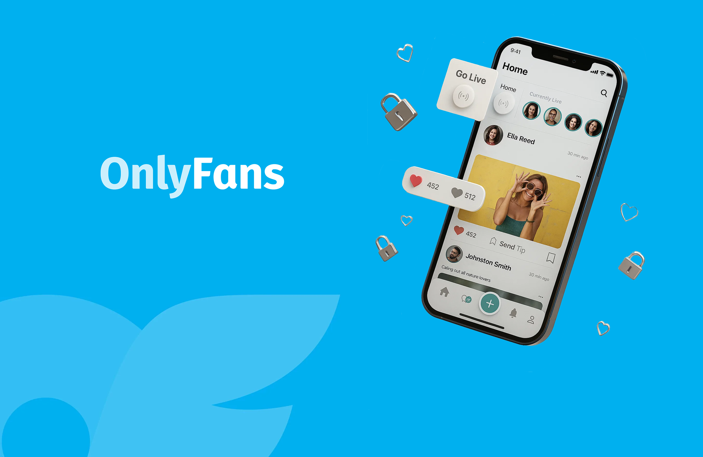 OnlyFans mobile app interface displayed on a smartphone with engagement icons, padlocks, and hearts floating around, representing content sharing, privacy, and user interaction