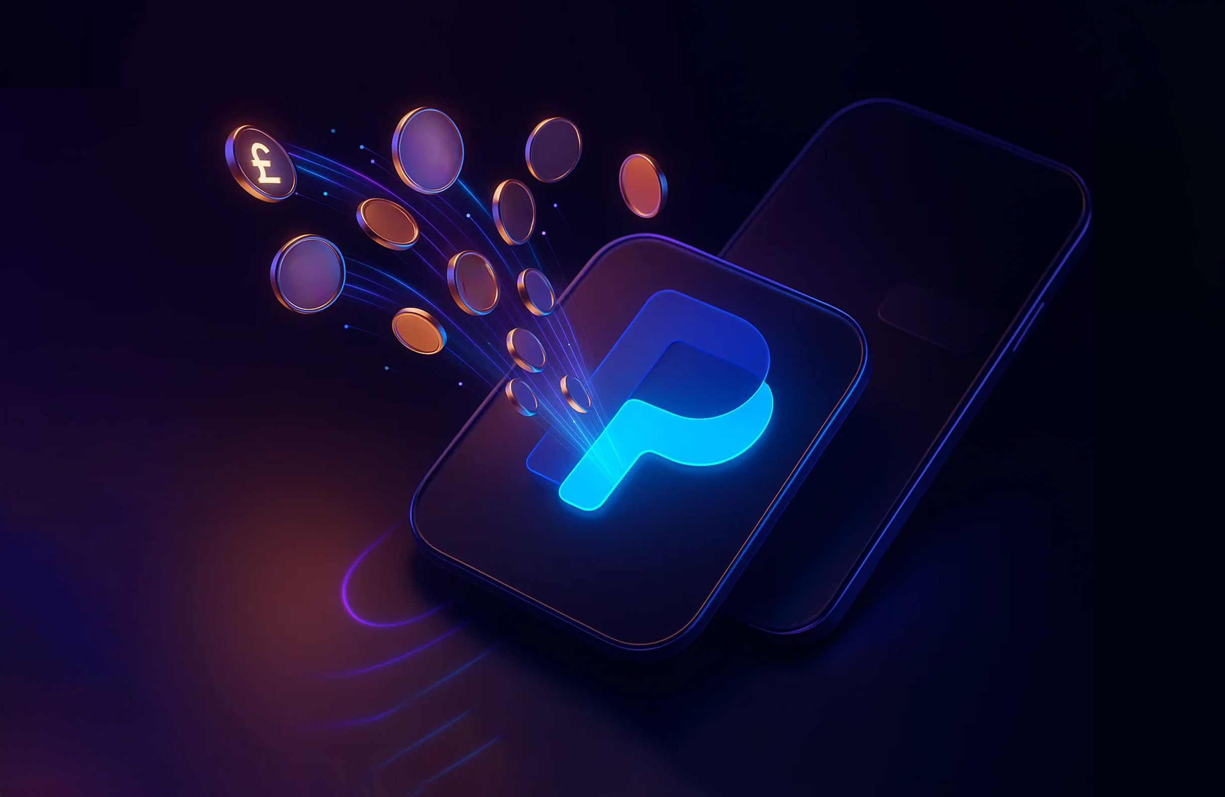 3D illustration of PayPal logo on smartphone screens with floating coins including British pound symbol, depicting digital payment and mobile money transfer concept against dark purple gradient background