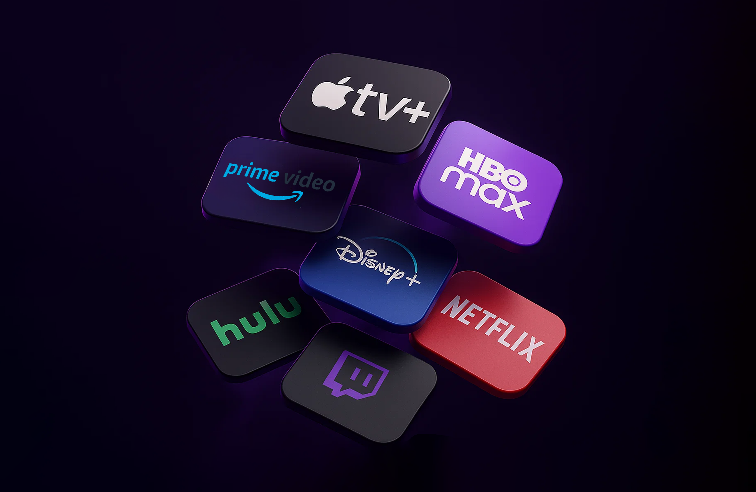 Colorful streaming service gift cards including Apple TV+, Prime Video, HBO Max, Disney+, Hulu, Netflix, and Twitch arranged on a dark background
