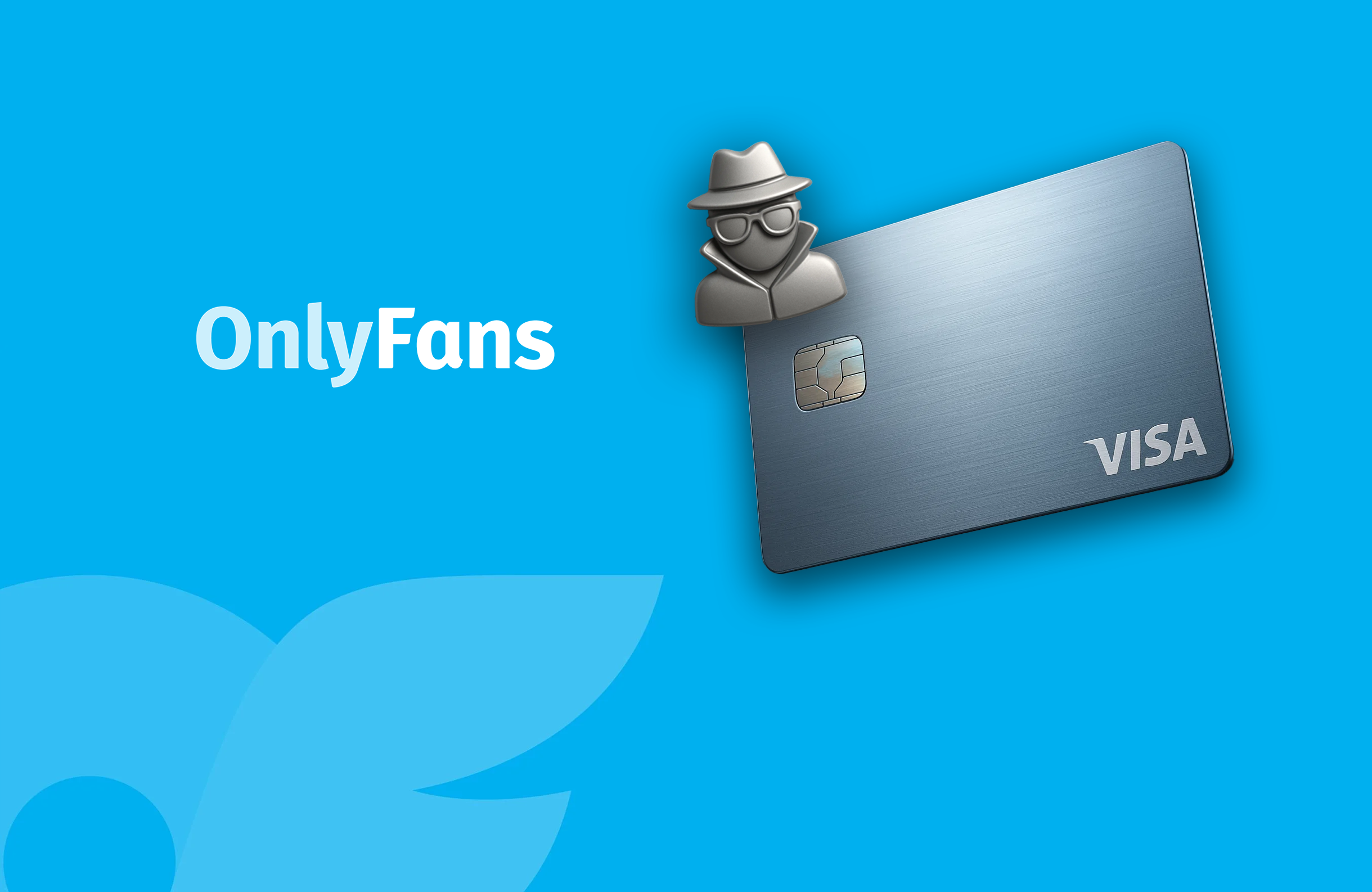 Anonymous user icon placed over a metallic VISA credit card with OnlyFans branding on a bright blue background, symbolizing discreet or private online payments