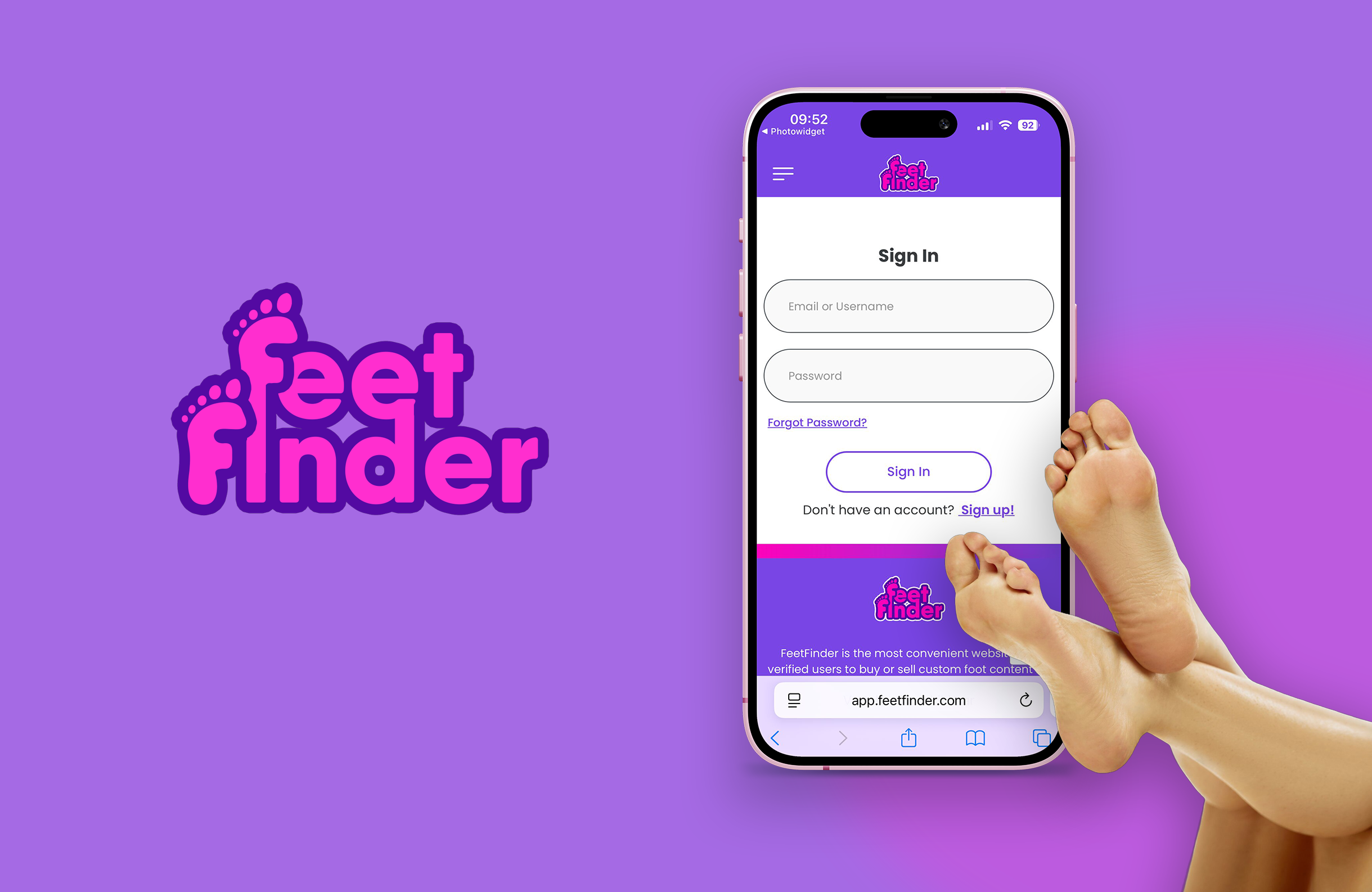 FeetFinder app login screen displayed on a smartphone against a purple background