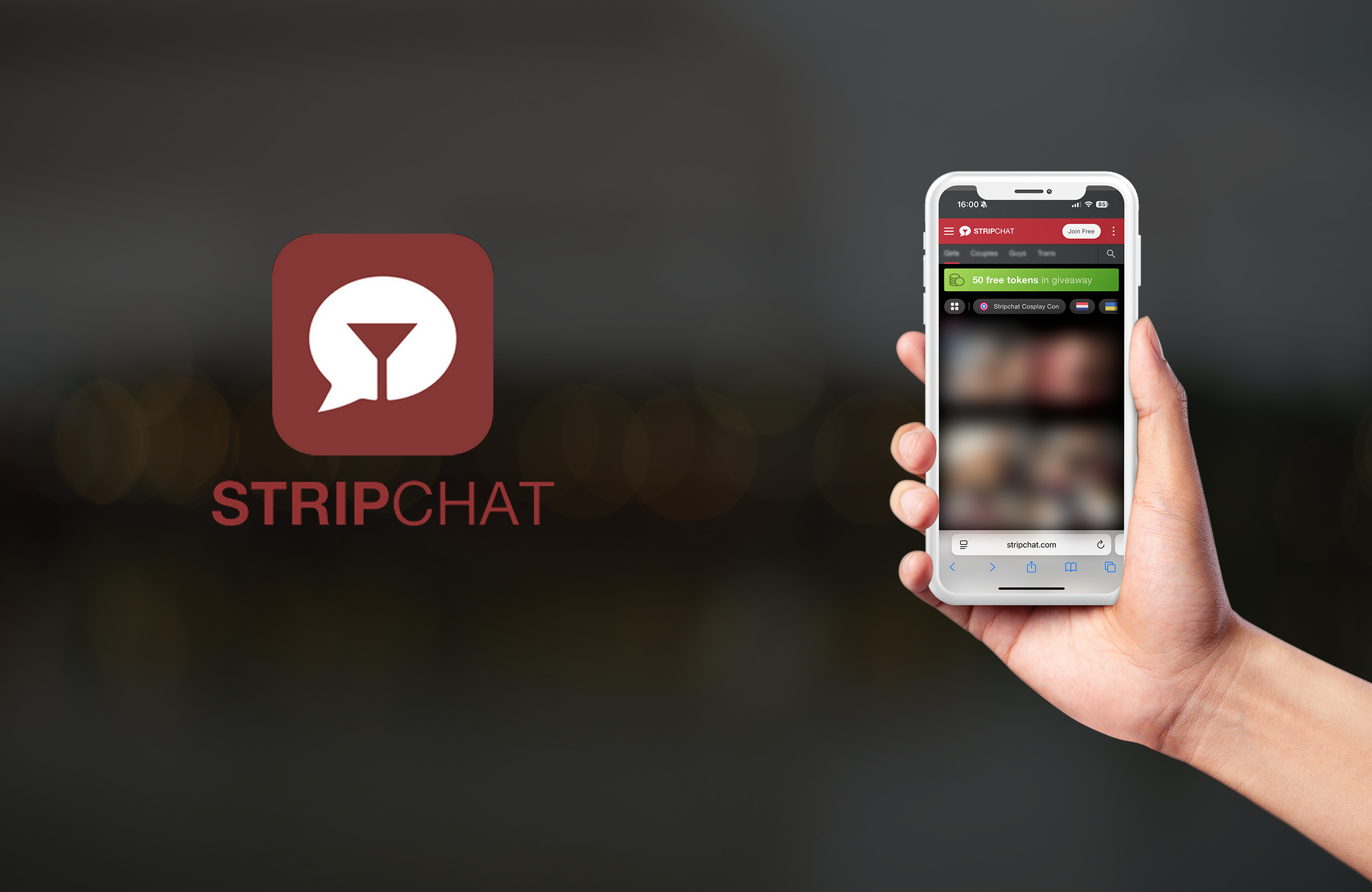 Stripchat mobile app interface showing live streaming platform on smartphone held in hand against dark background