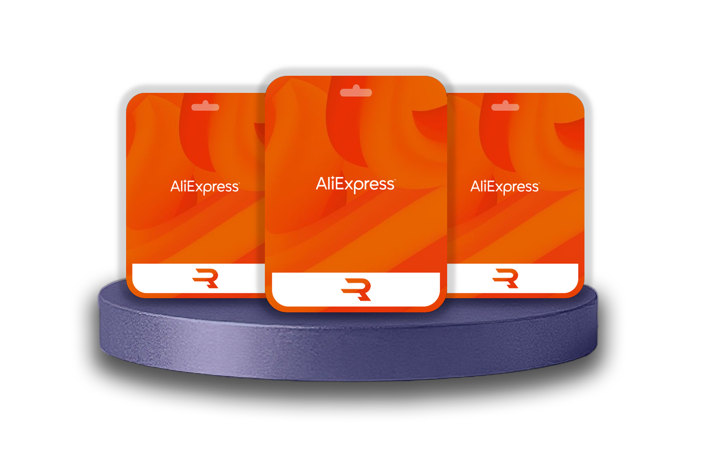 Three orange AliExpress gift cards displayed on purple circular platform