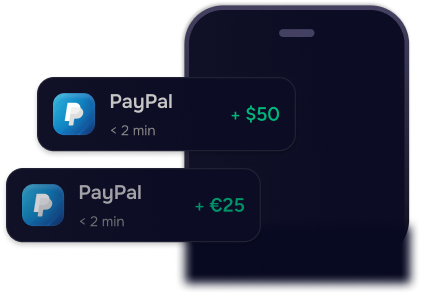 Two PayPal payment notifications showing $50 and €25 received, displayed over a dark smartphone background.