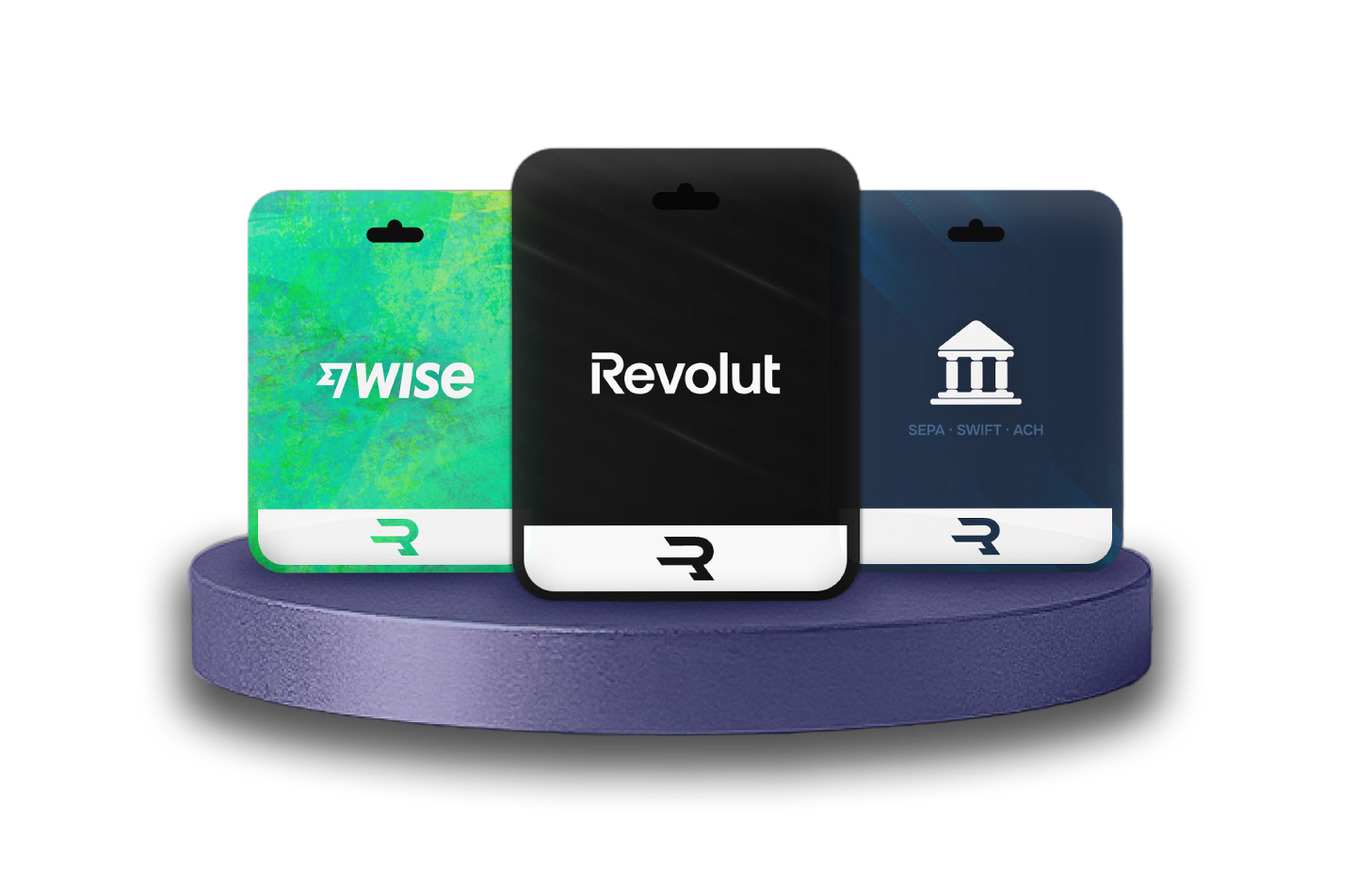 Bank transfer, Revolut and Wise gift cards with rewarble logo displayed on a purple platform