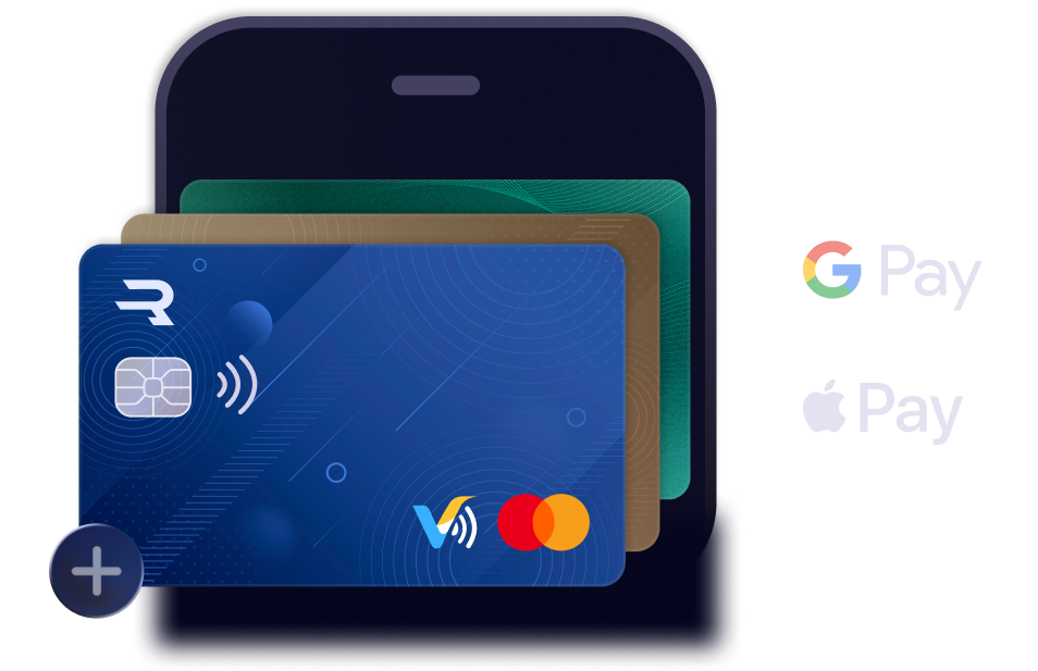 Digital wallet interface showing multiple payment cards stacked in a smartphone screen. The front card is a blue Visa card with contactless payment symbol and chip