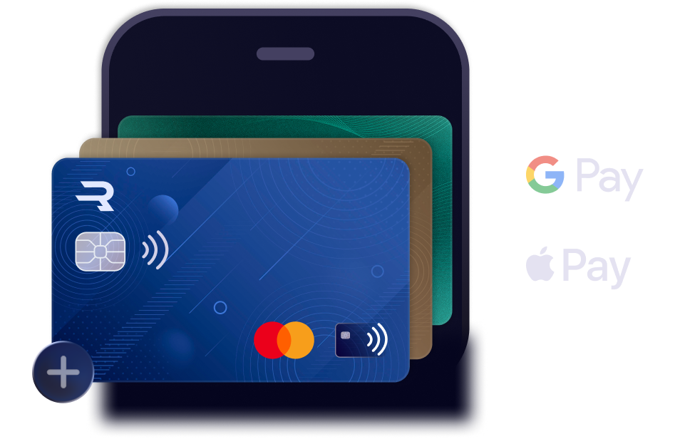 Digital wallet interface showing multiple payment cards stacked in a smartphone screen. The front card is a blue Visa card with contactless payment symbol and chip