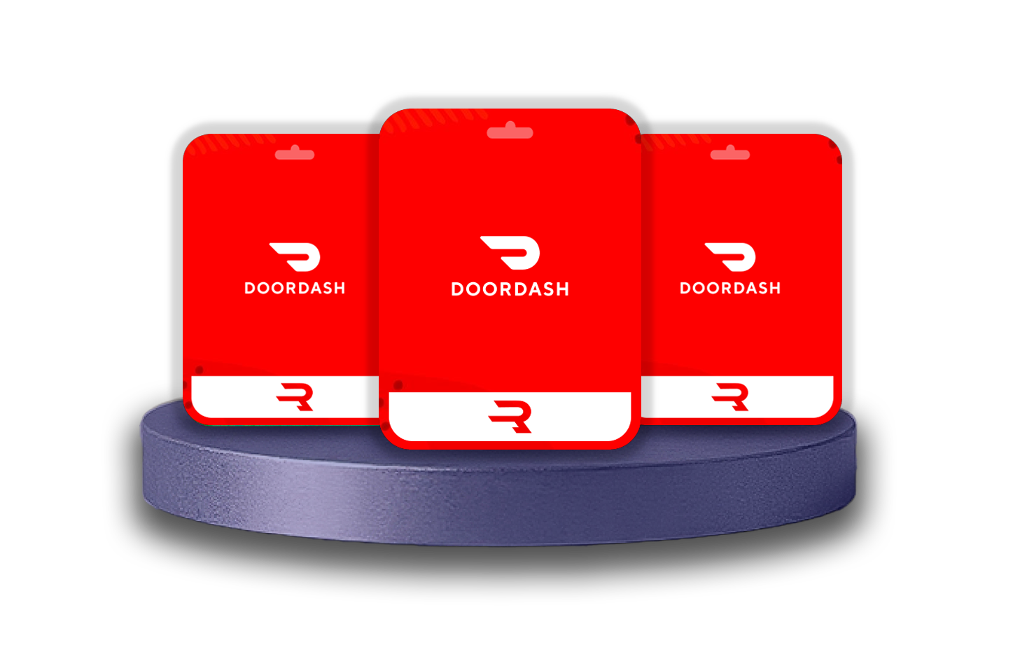 Three red DoorDash branded gift cards arranged on a purple circular platform