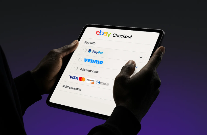 Hands holding a tablet showing eBay's checkout interface with multiple payment options including PayPal, Venmo, and credit cards, set against a gradient background