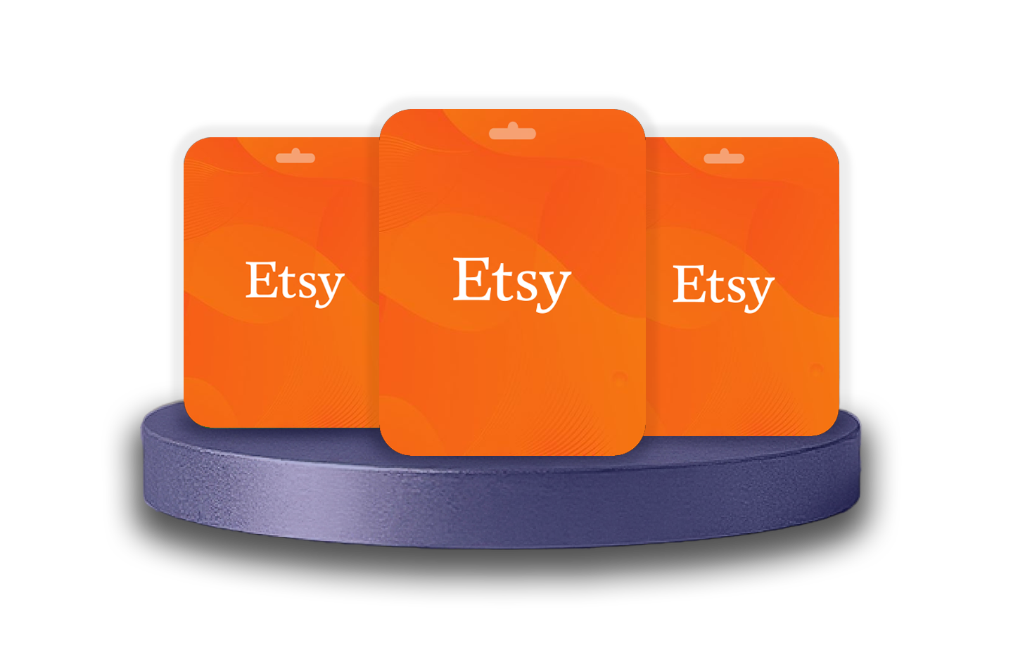 Three orange Etsy gift cards arranged on a purple circular platform against a white background