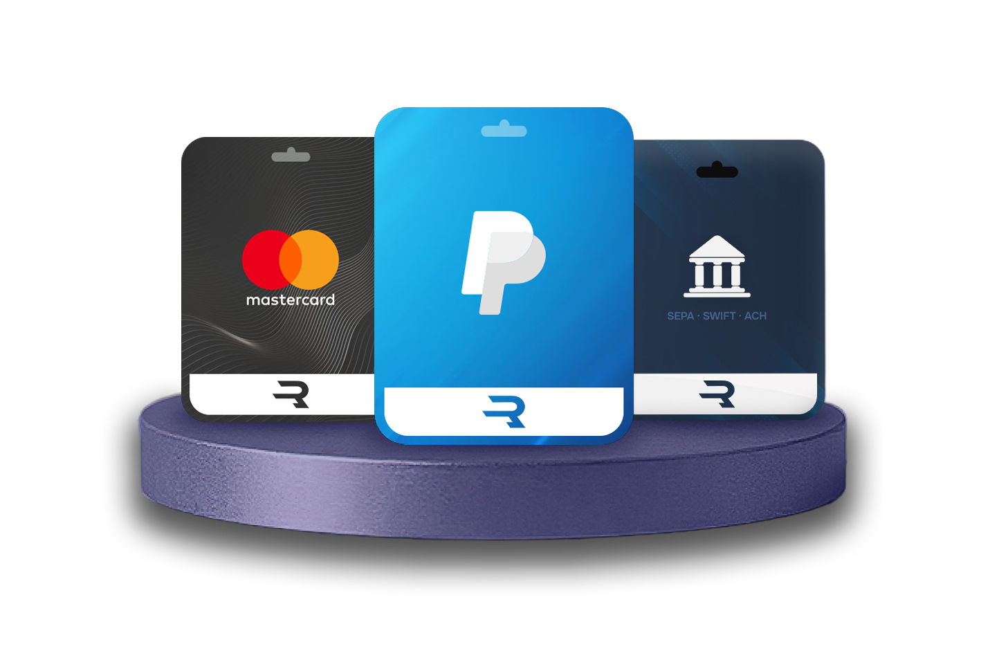 Payment method cards for Mastercard, PayPal, and bank transfer displayed on a podium.