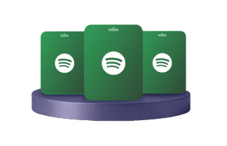 Three green Spotify gift cards standing upright on a purple circular platform, each displaying the white Spotify logo