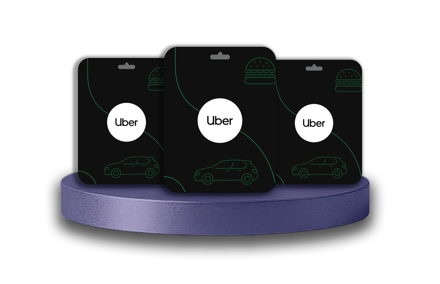 Three Uber app screens with green illustrations on a purple platform