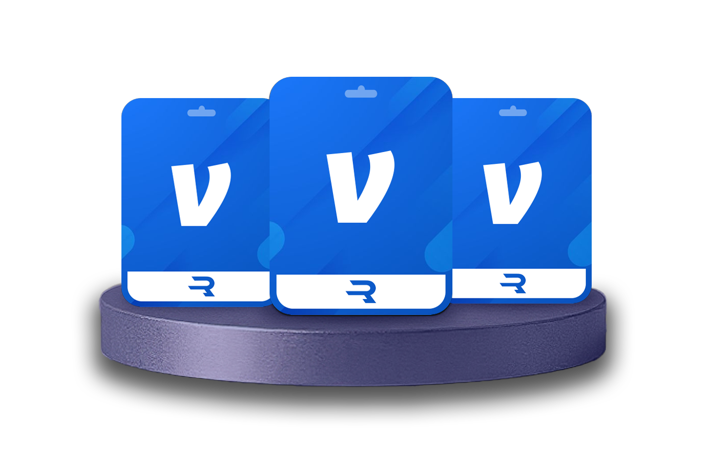 Three Venmo gift cards with blue backgrounds displaying the Venmo 'V' logo, standing on a purple display platform