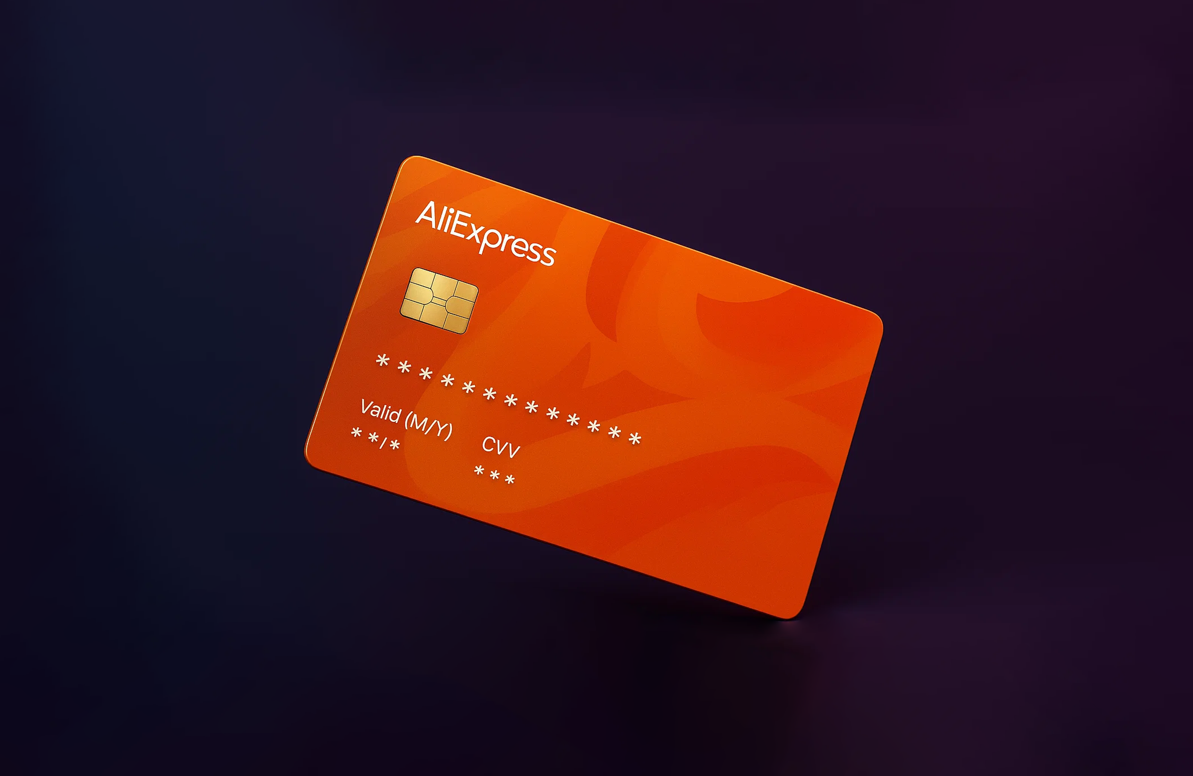 Orange AliExpress credit card with chip and masked card details on dark gradient background