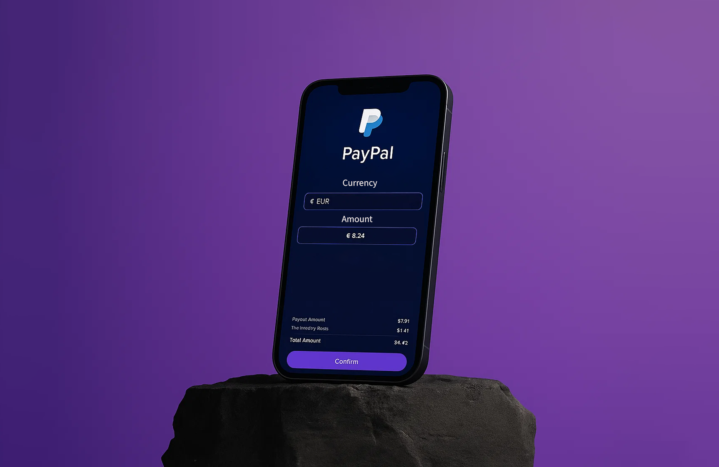 PayPal mobile app payment screen showing EUR currency selection and €8.24 transaction amount with fee breakdown