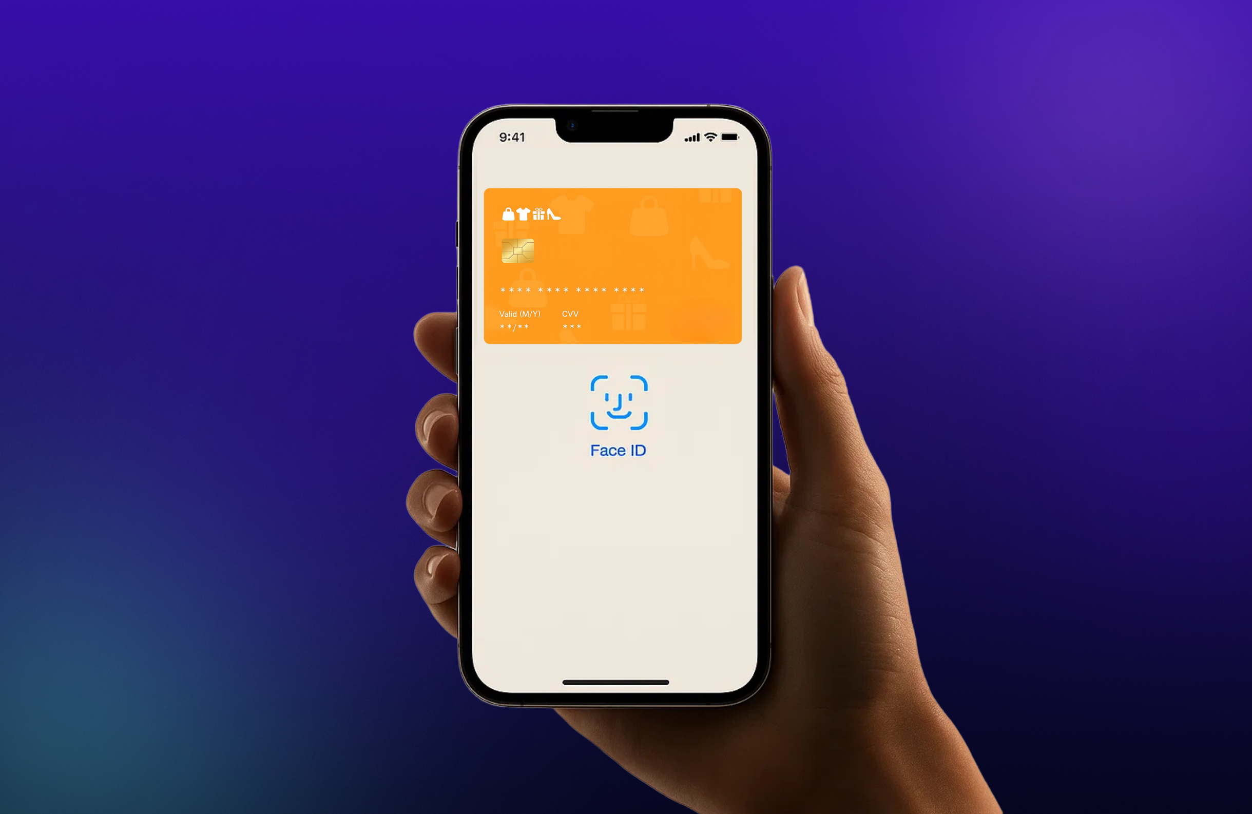 Hand holding smartphone showing Apple Wallet with orange virtual gift card at top and Face ID prompt below