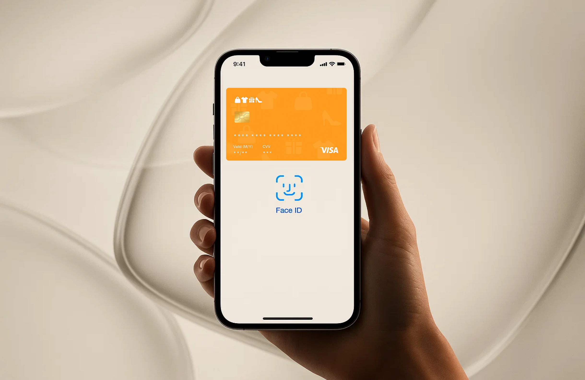 Hand holding smartphone showing Apple Wallet with orange virtual gift card at top and Face ID prompt below on cream background.