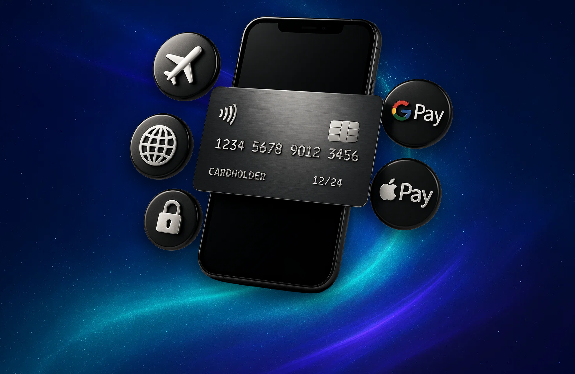Digital credit card and smartphone surrounded by icons for travel, internet, security, Google Pay, and Apple Pay, set against a futuristic blue and purple background