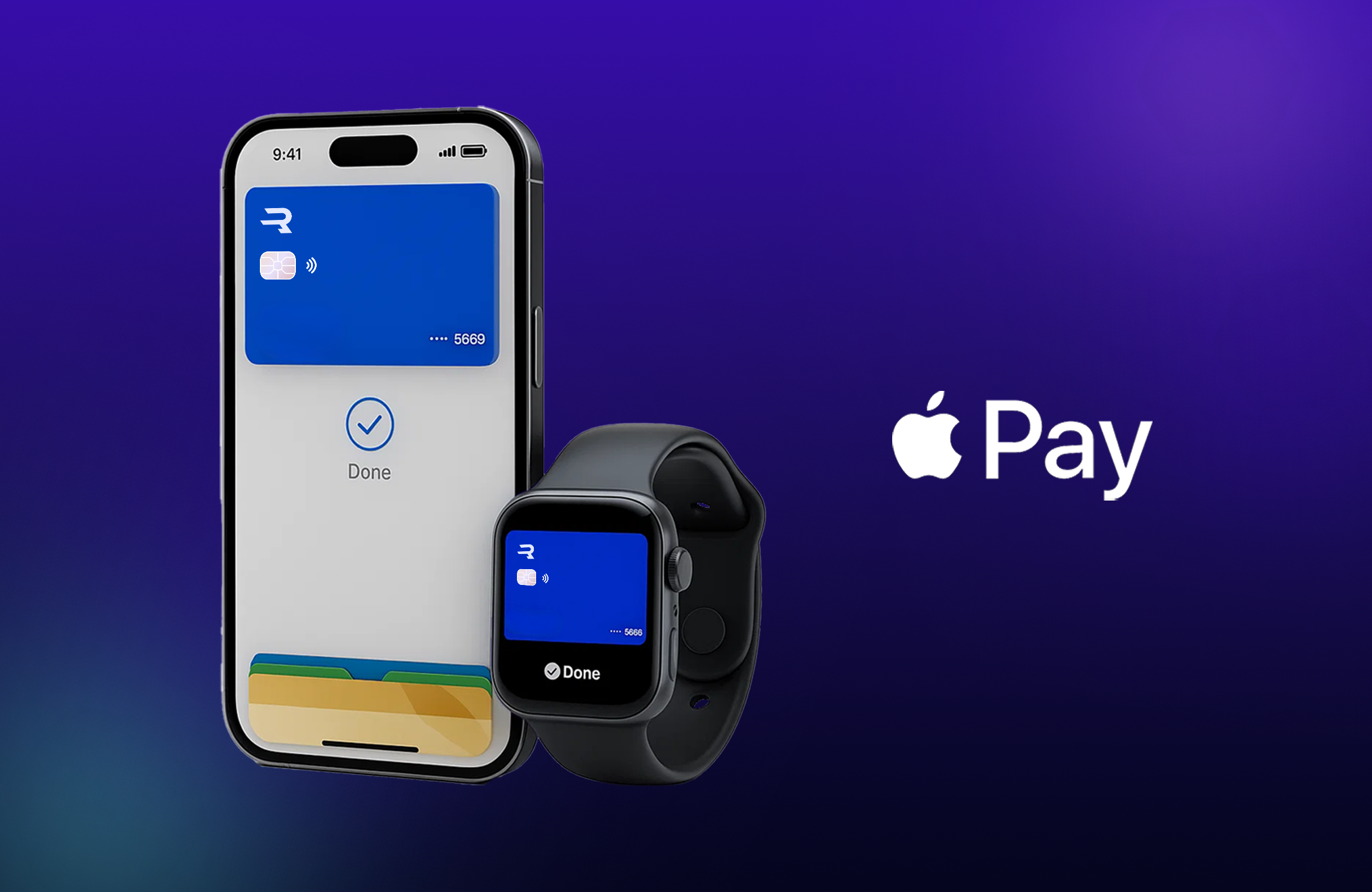 iPhone and Apple Watch showing completed Apple Pay transactions with blue digital cards on purple background with Apple Pay logo