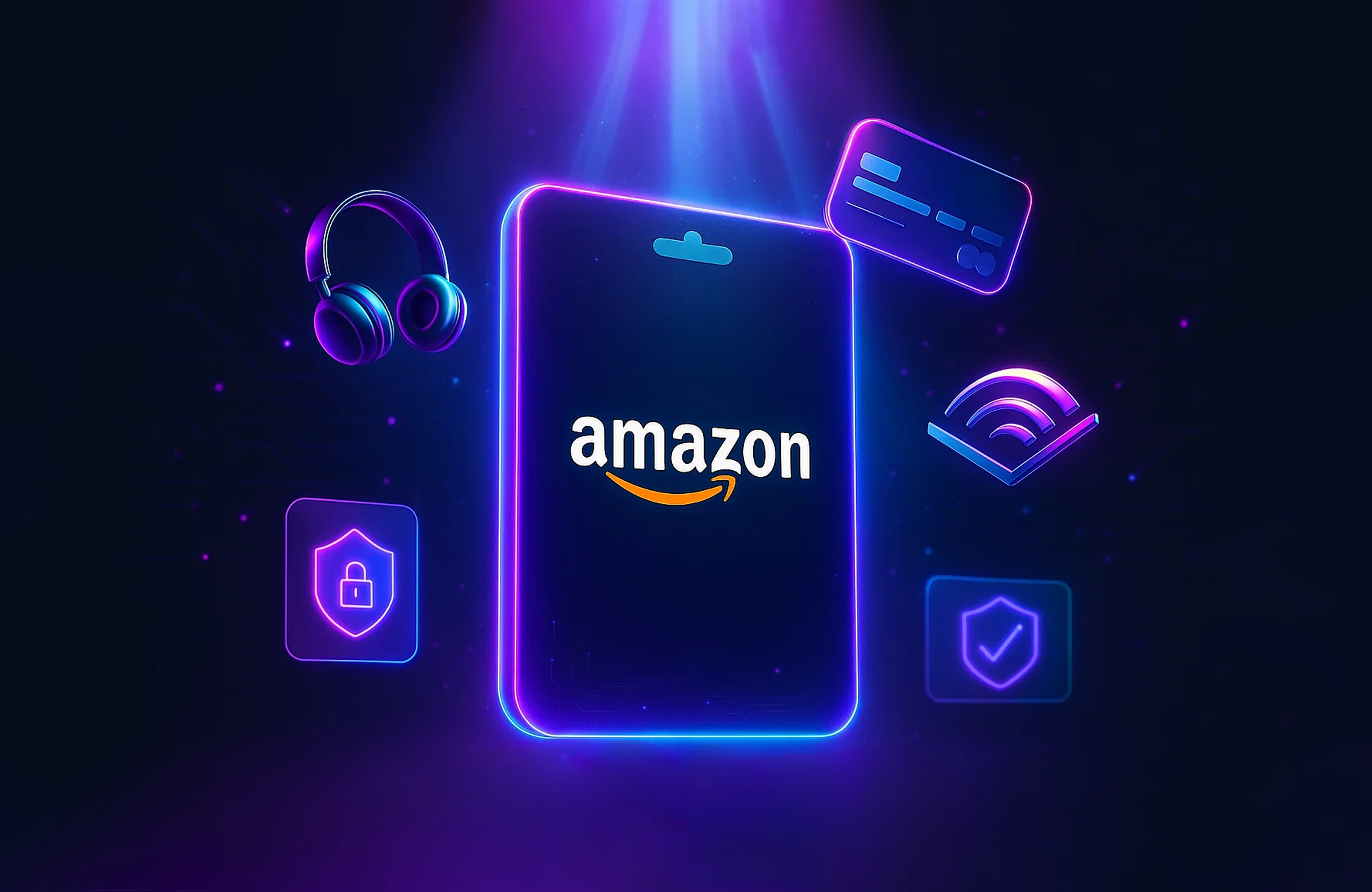 Amazon logo on mobile device surrounded by neon icons for headphones, payment card, WiFi, security lock, and checkmark shield on purple-blue gradient background