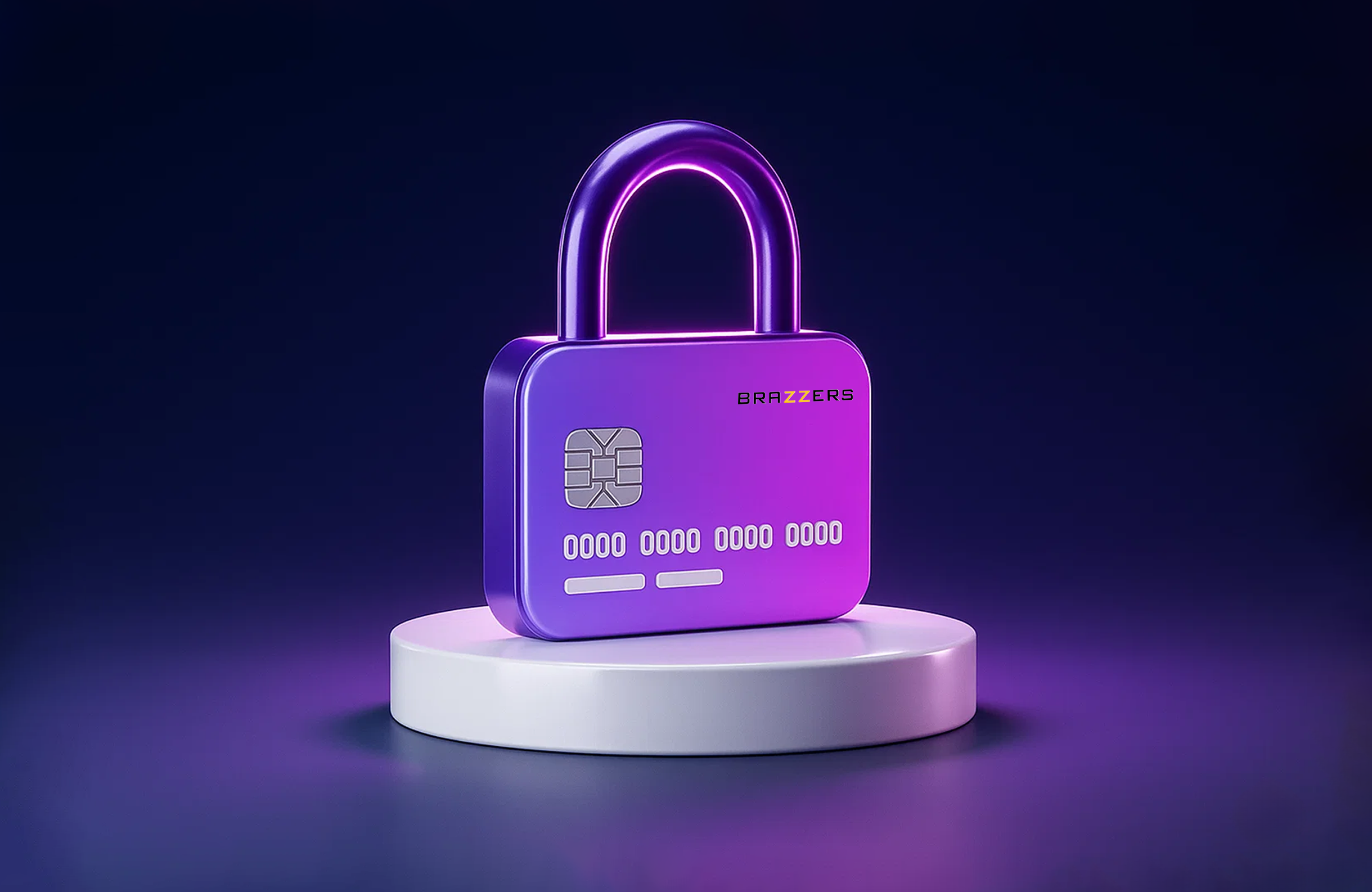 Purple padlock shaped like a credit card with Brazzers branding on a white platform