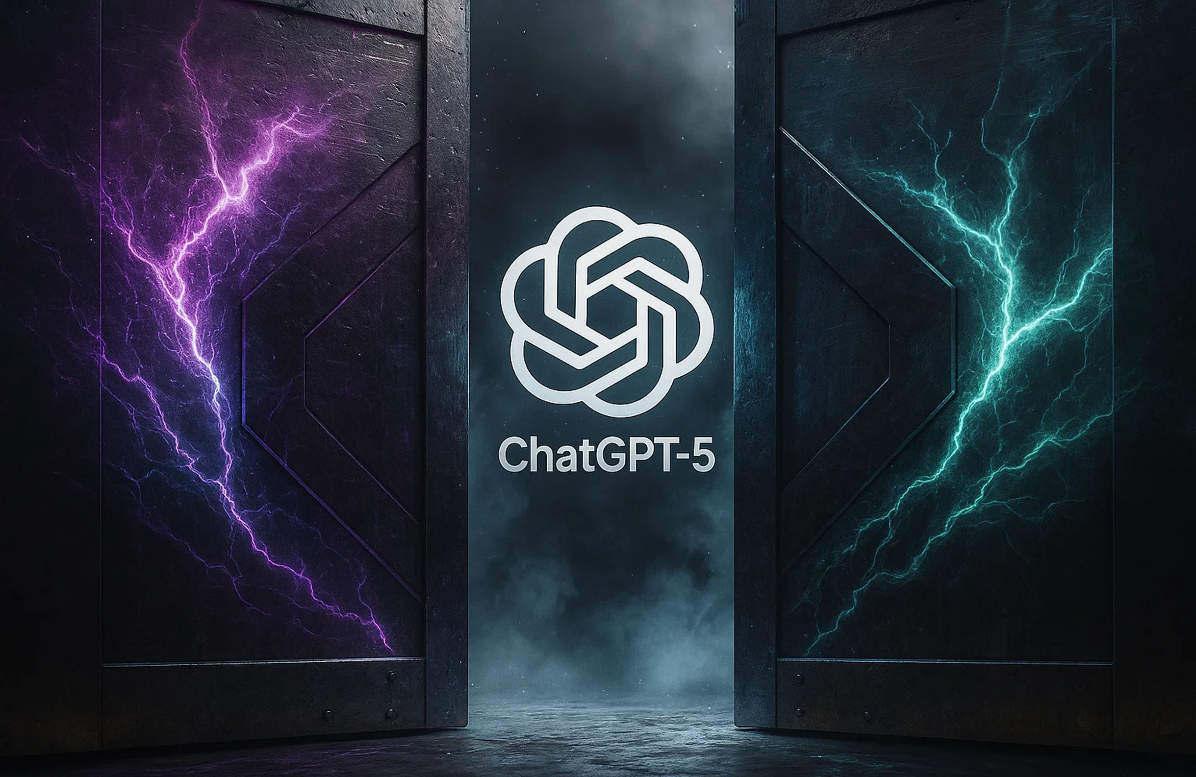 ChatGPT-5 logo illuminated in white against a dark futuristic corridor with purple lightning on the left wall and cyan lightning on the right wall, creating a dramatic sci-fi atmosphere with metallic surfaces and atmospheric lighting