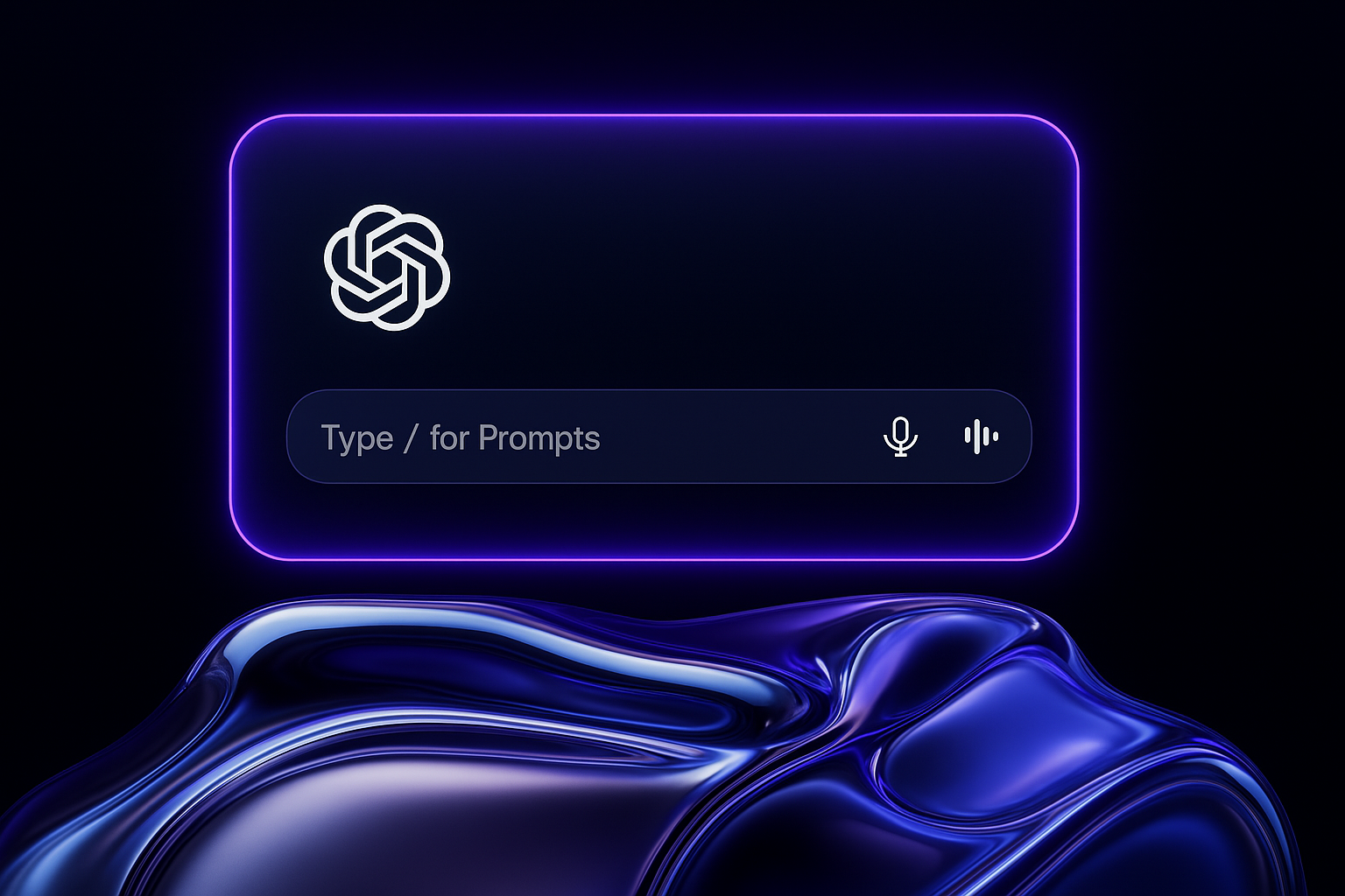 Dark interface with glowing purple card featuring a spiral logo and 'Type / for Prompts' input field, floating above glossy metallic purple liquid waves.