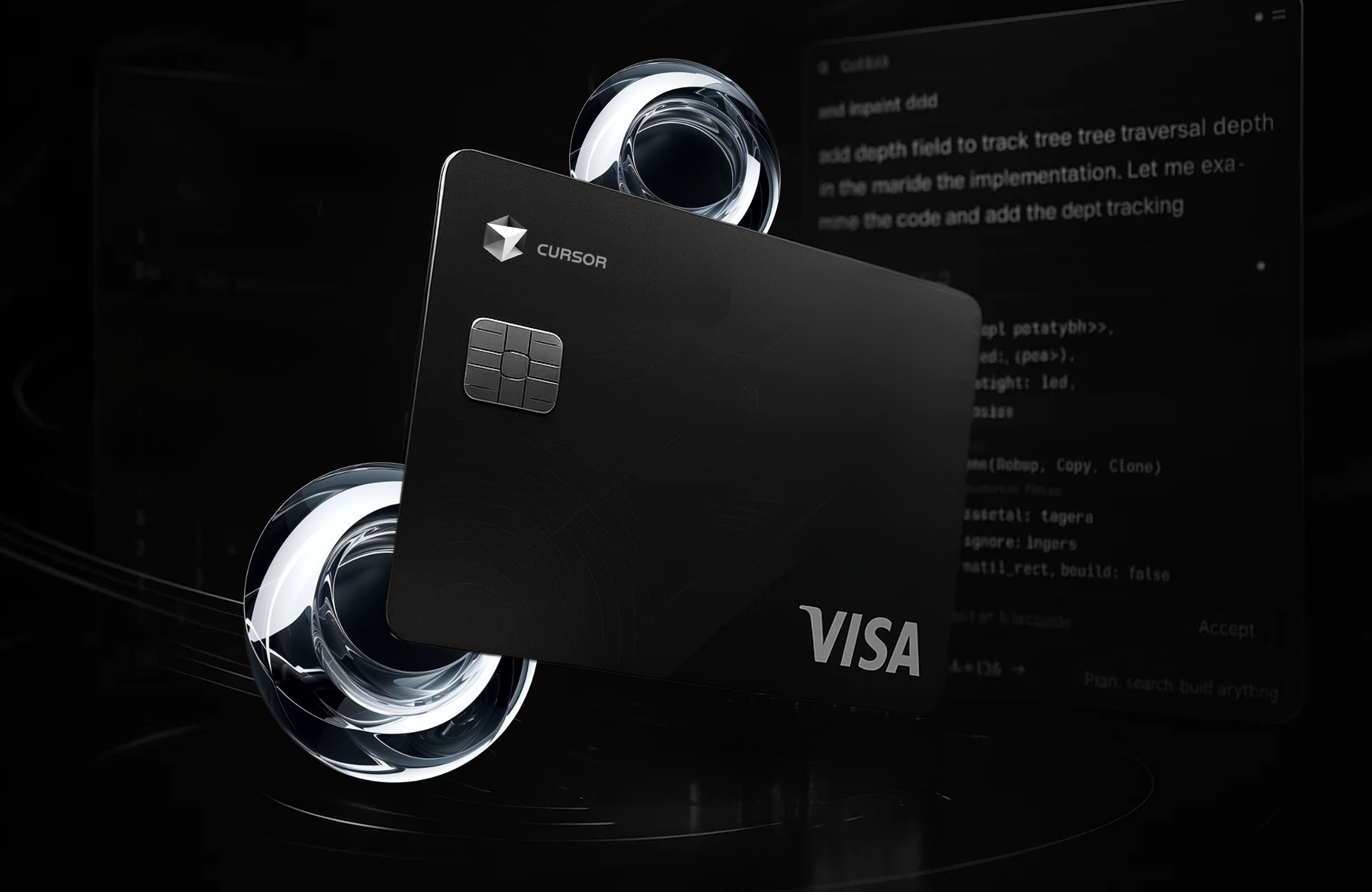 Cursor-branded black Visa credit card floating in front of a dark computer screen displaying code snippets, with abstract circular design elements in the background