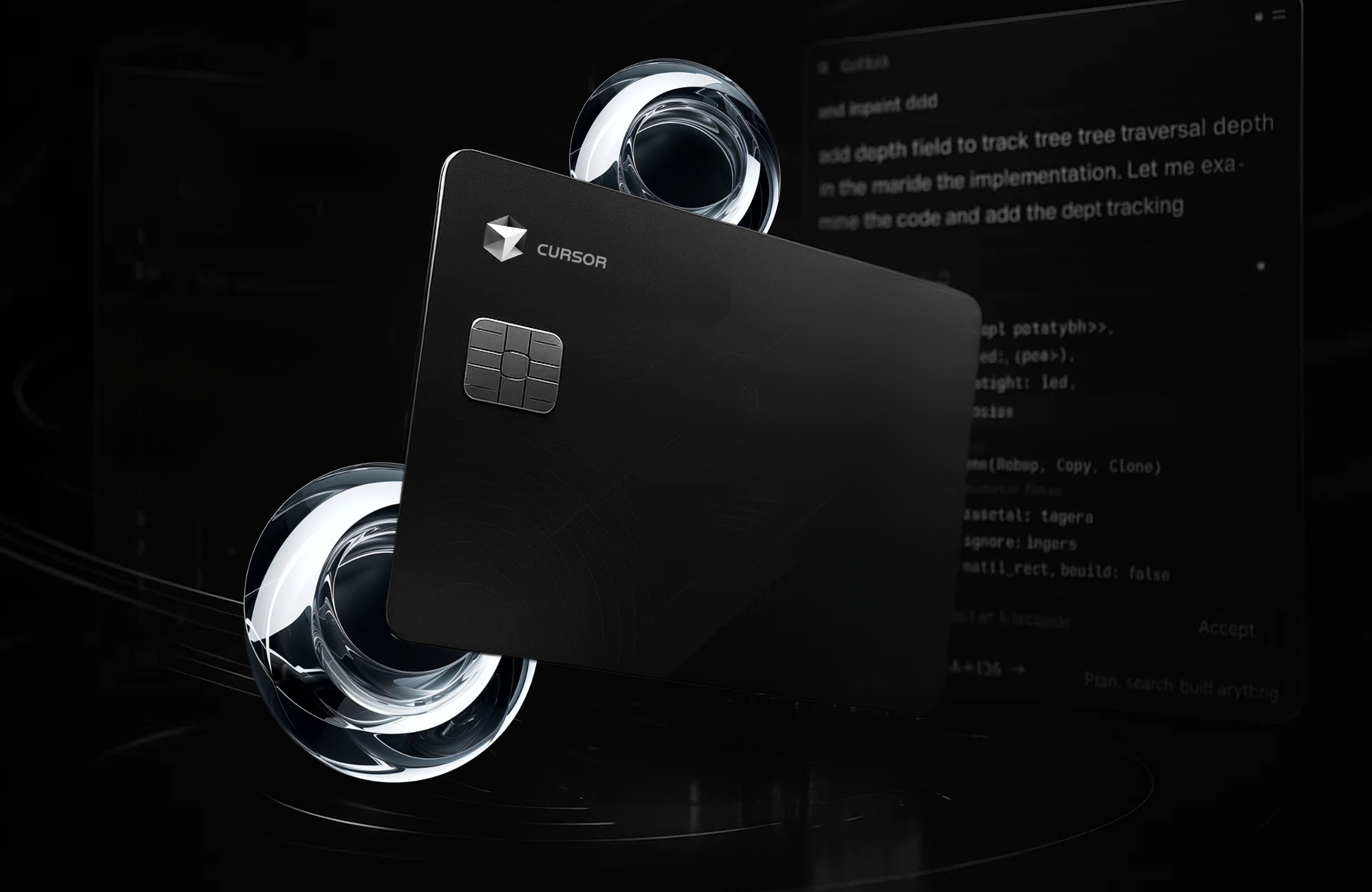 Cursor-branded black Visa credit card floating in front of a dark computer screen displaying code snippets, with abstract circular design elements in the background