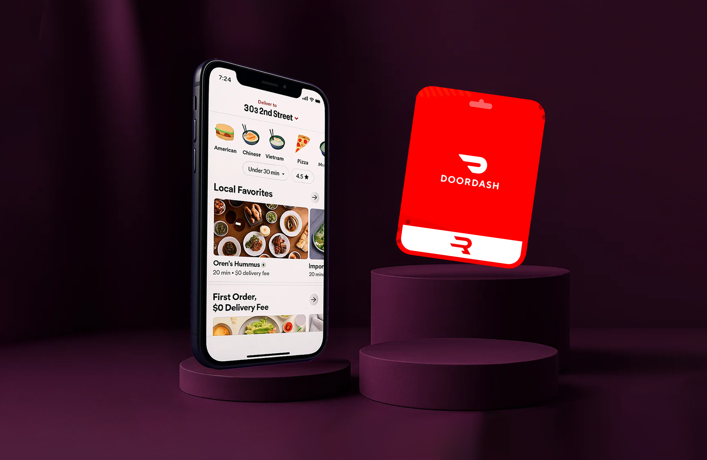 DoorDash app interface on smartphone next to red DoorDash gift card