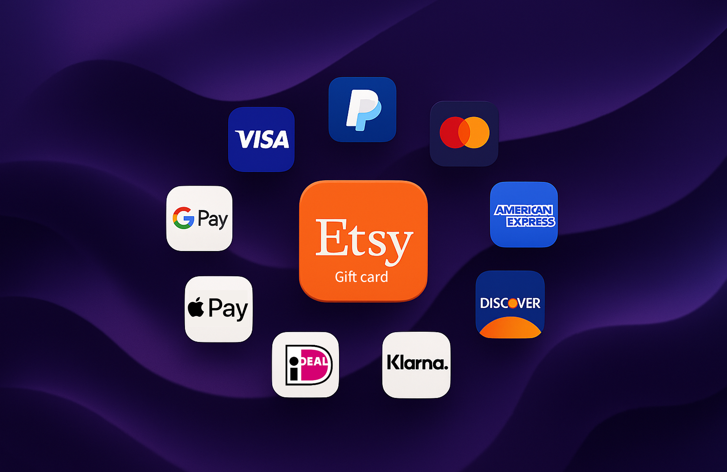 Etsy gift card with payment method logos like Visa, PayPal, Google Pay, and Apple Pay on a purple background.