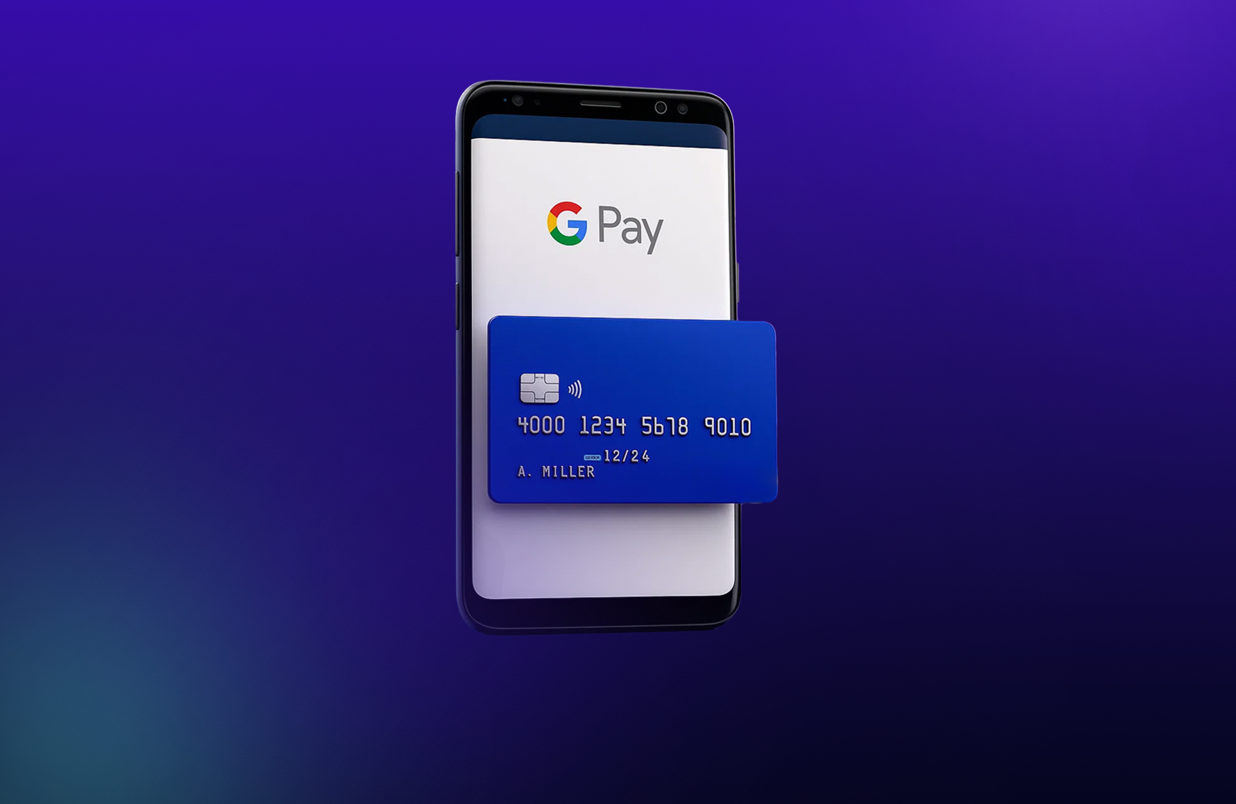 A 3D-rendered smartphone displaying the Google Pay logo and a blue VISA credit card on its screen, set against a vibrant gradient background transitioning from teal blue to purple.