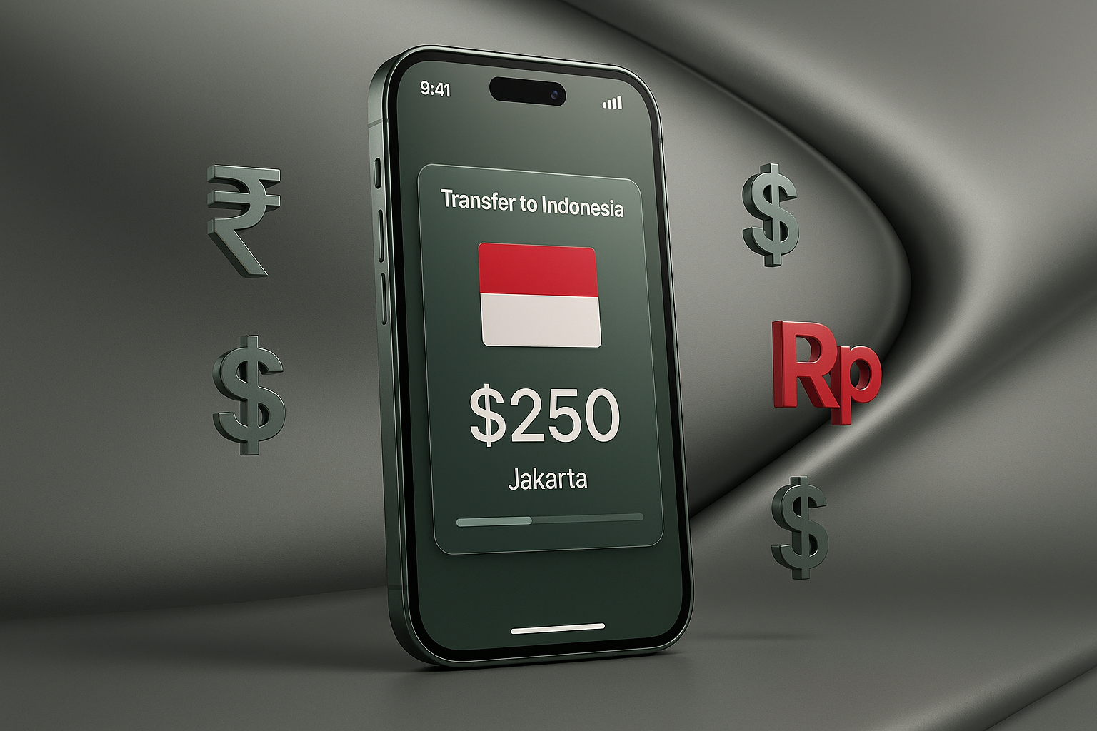Smartphone displaying a money transfer app showing a $250 transfer to Jakarta, Indonesia with the Indonesian flag, surrounded by floating currency symbols