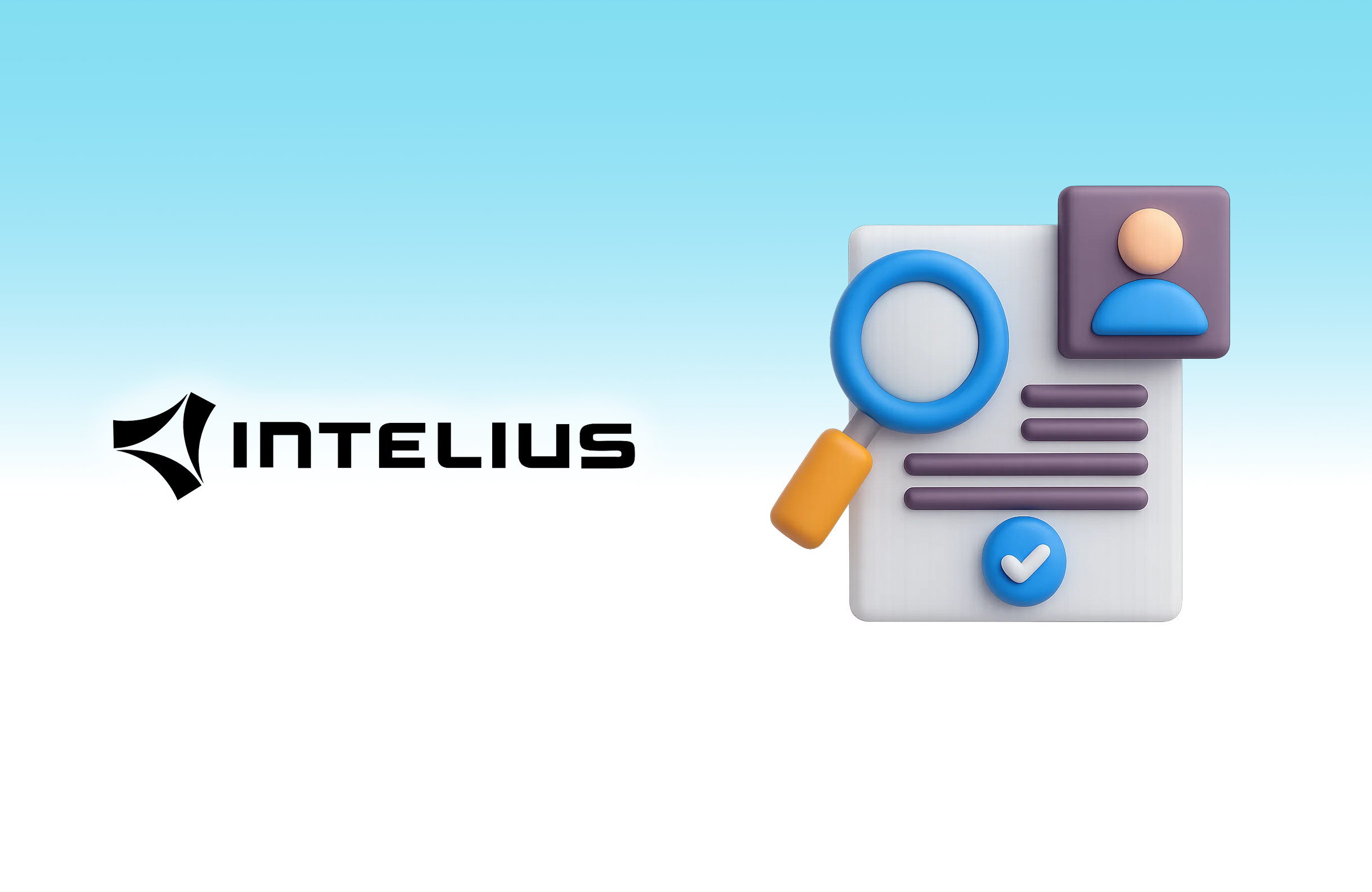 Intelius logo with magnifying glass searching through people profile and document icons on light blue background