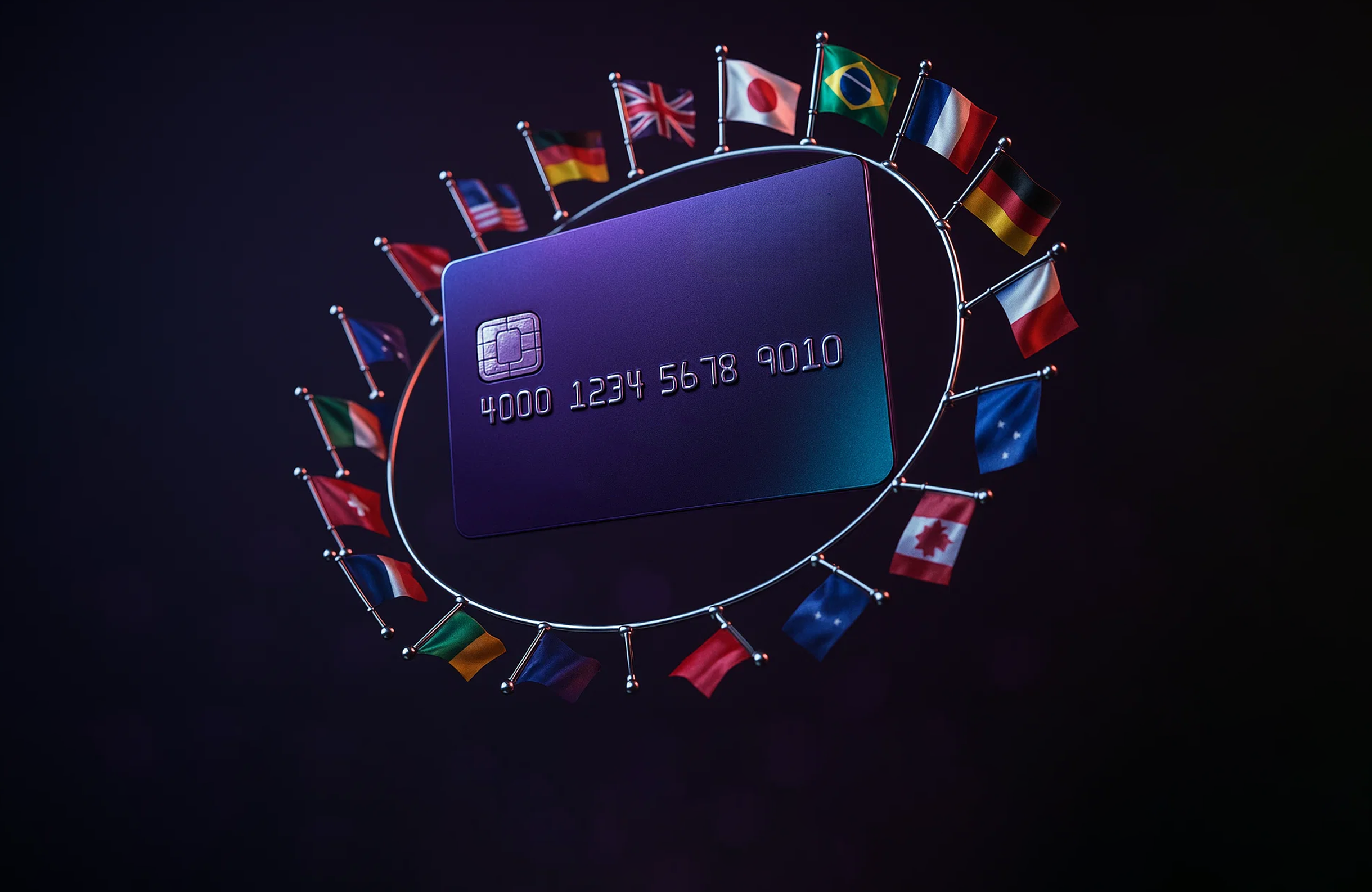 Prepaid Visa cards displayed with various international currency symbols