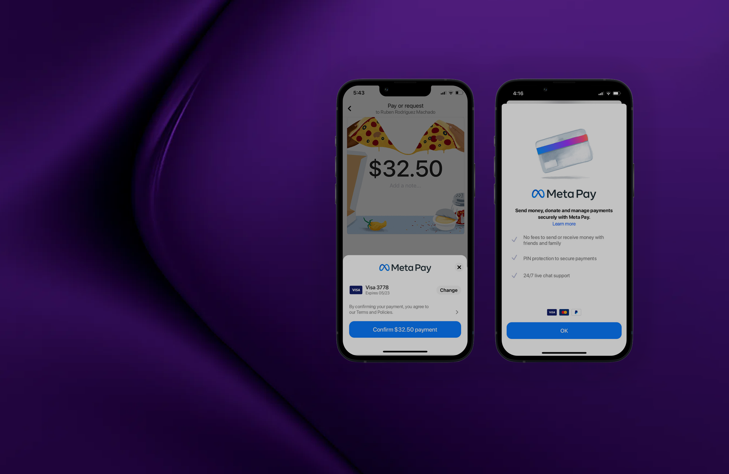 Two smartphones showing Meta Pay interface