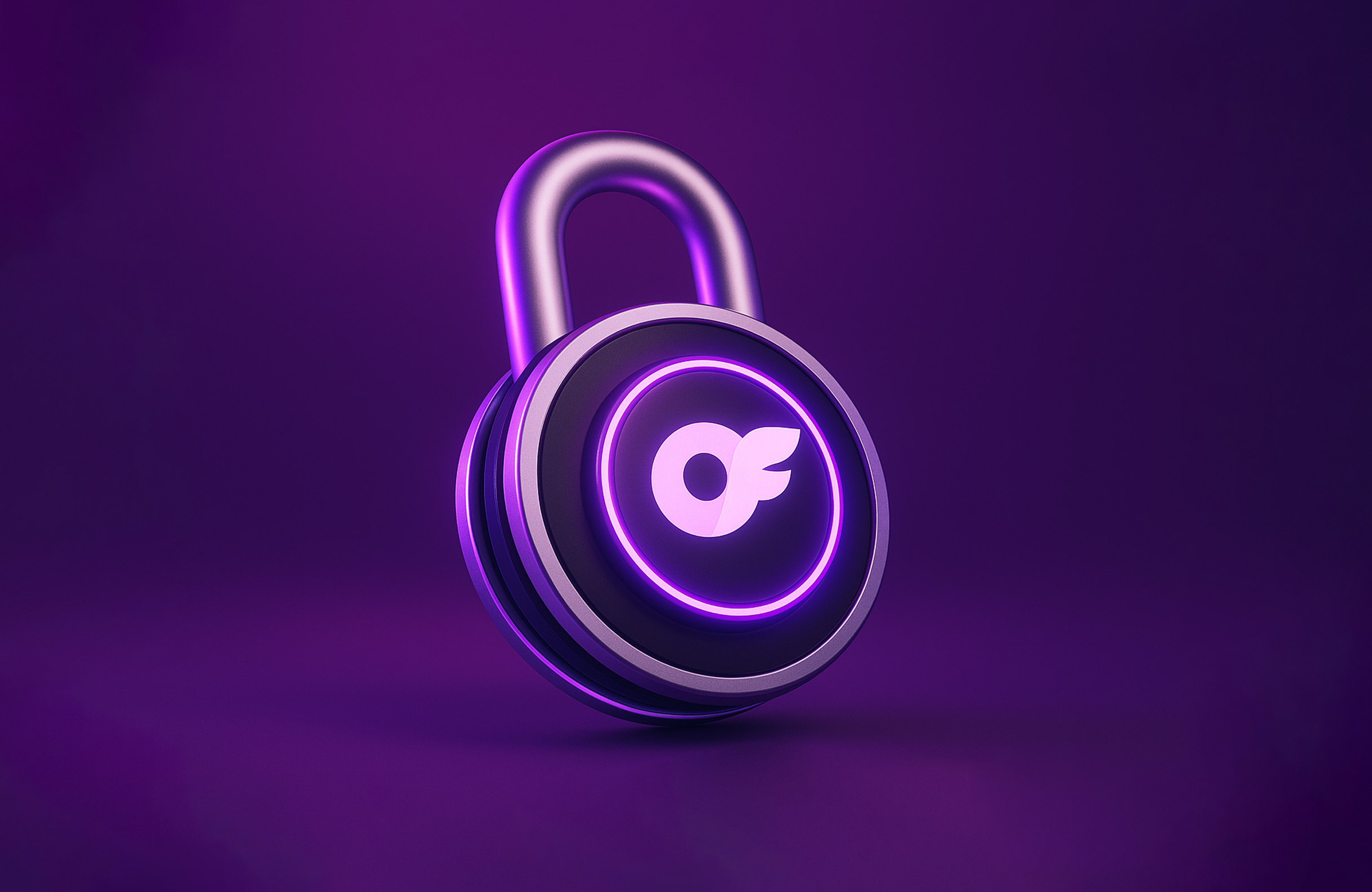 A futuristic purple padlock with a glowing neon ring and the stylized letters “OF” in the center, set against a smooth, gradient purple background.