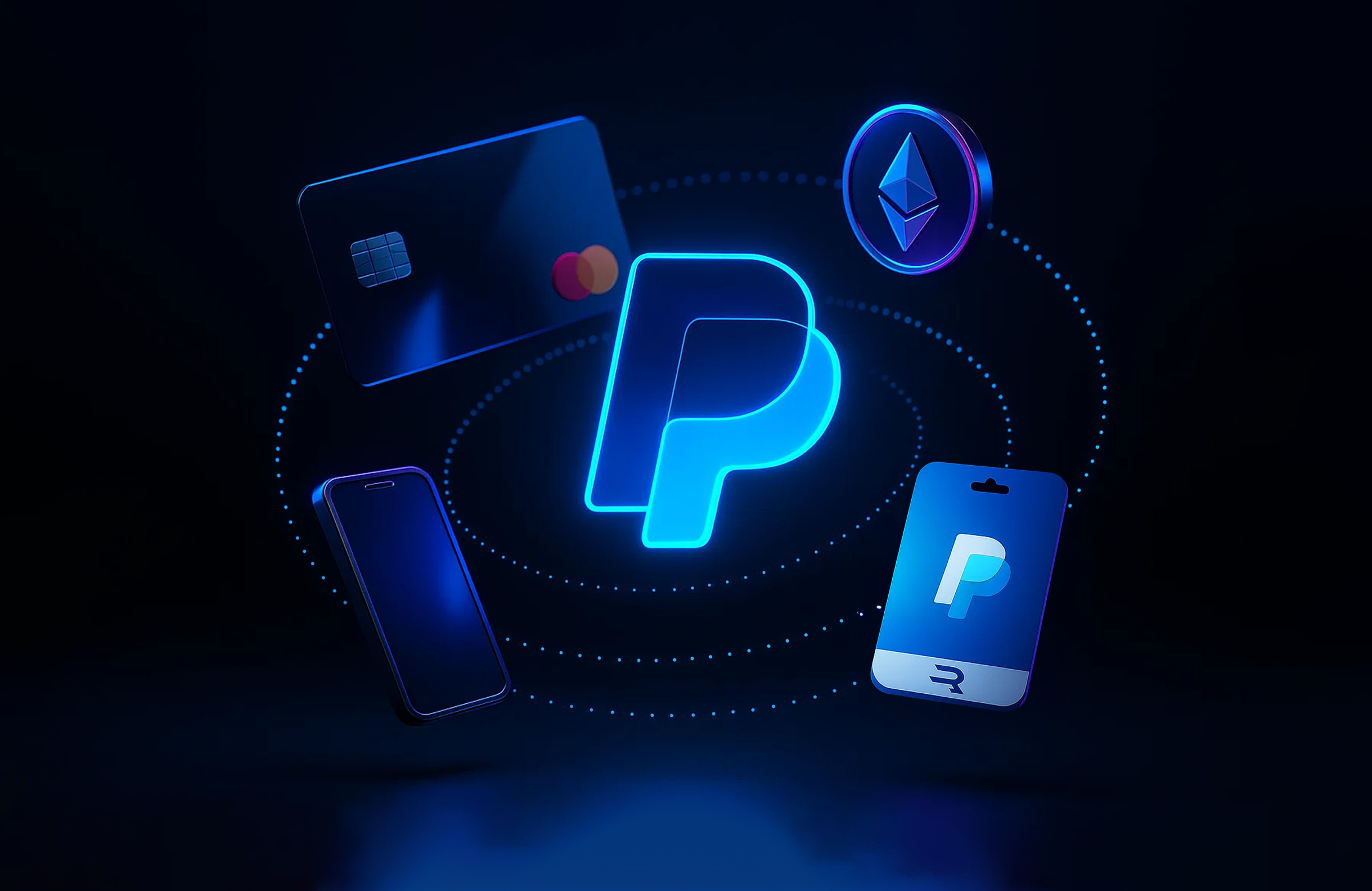 PayPal logo glowing in blue neon surrounded by floating credit card, smartphone, prepaid card, and Ethereum cryptocurrency symbol on dark background