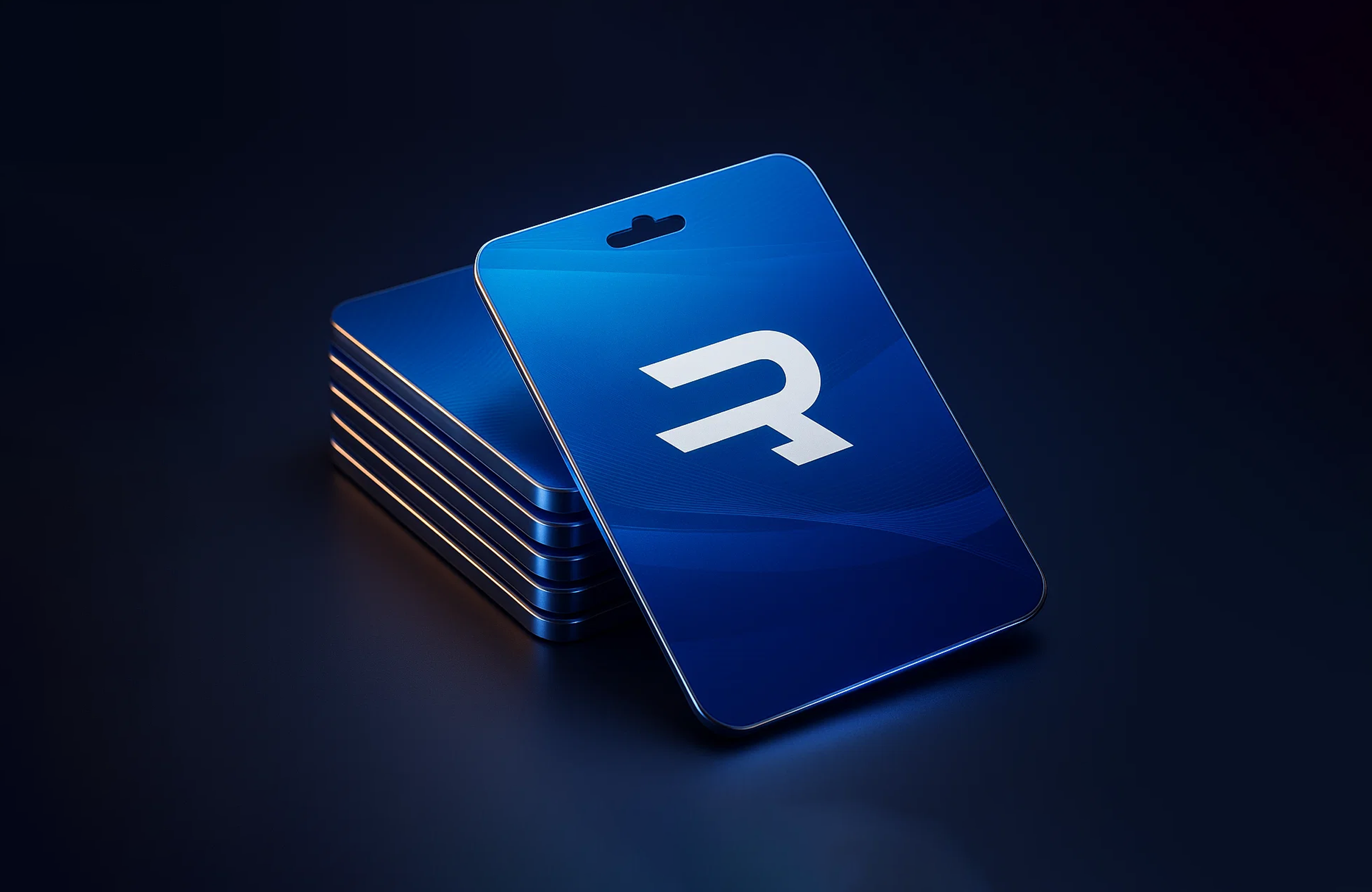 Blue stack of cards with a white stylized “R” logo on the top card