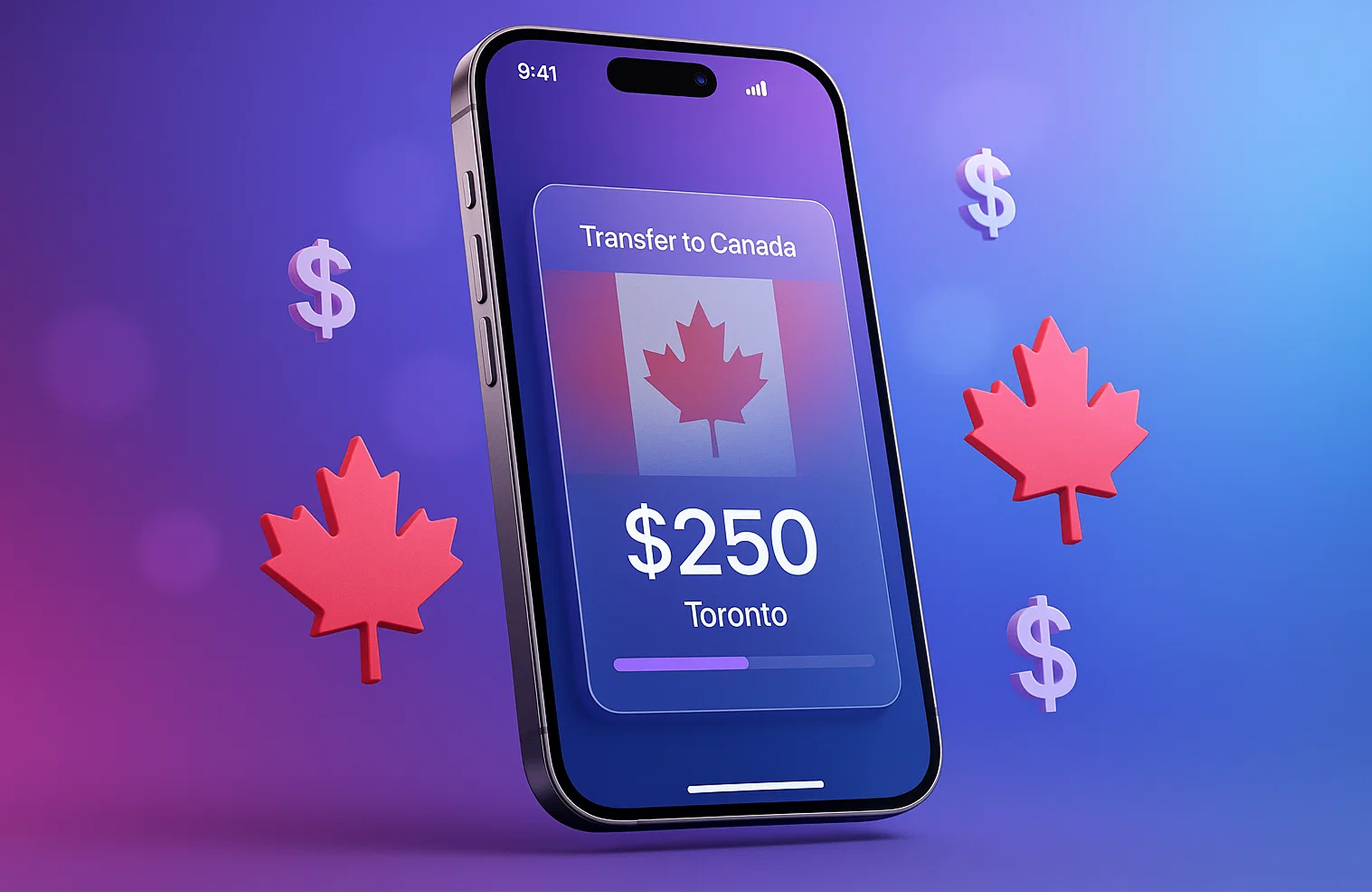A smartphone displaying a money transfer app screen showing a $250 transfer to Toronto, Canada. The phone screen features a Canadian flag with a maple leaf symbol and is surrounded by floating 3D dollar signs and red maple leaf icons against a purple-blue gradient background
