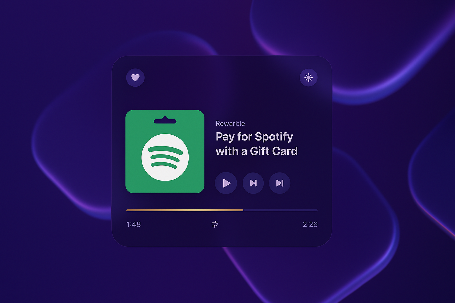 A Spotify music player interface with a green Spotify gift card icon, set against a dark background with flowing purple light streaks