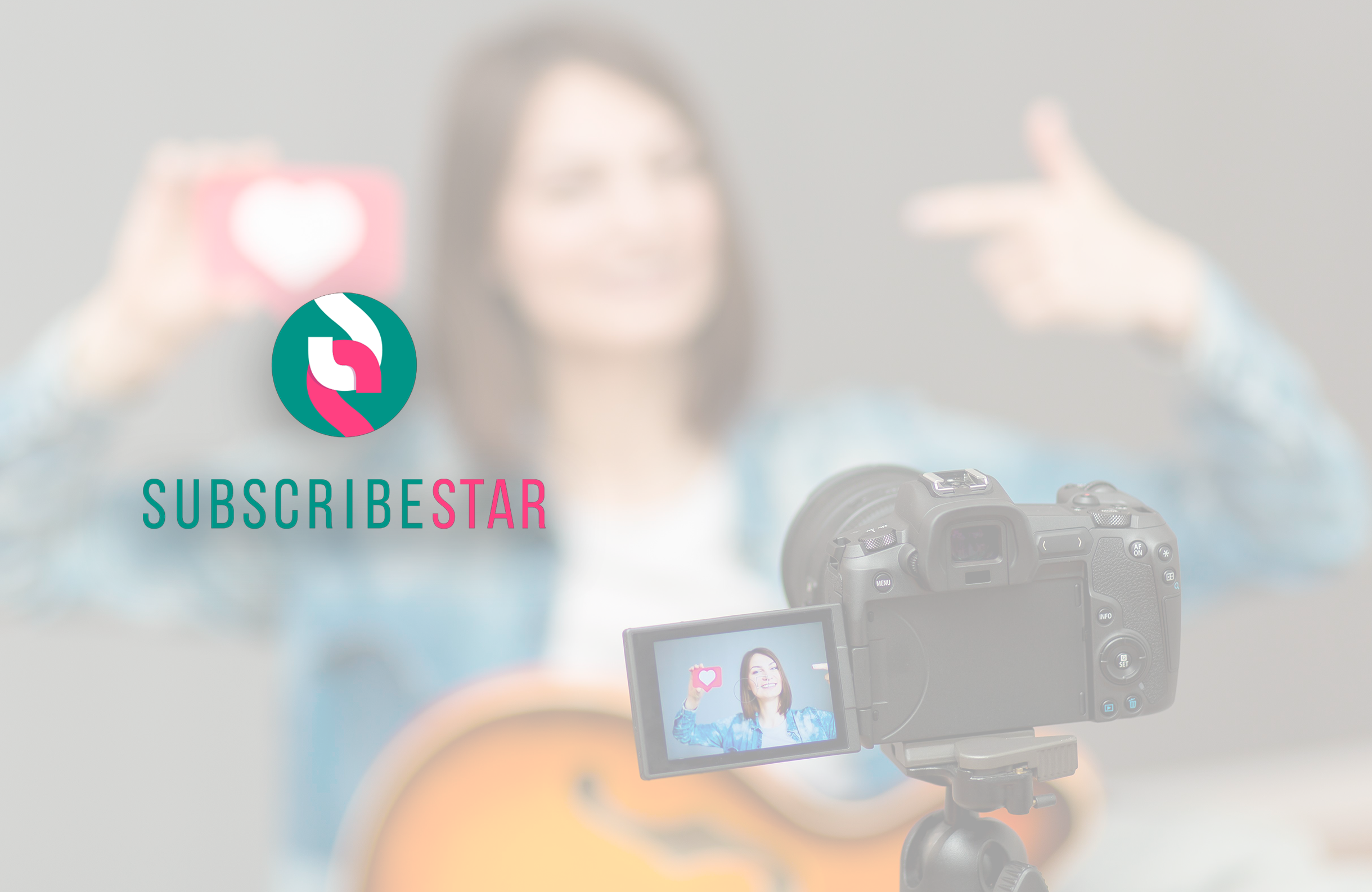 SubscribeStar logo overlaid on blurred background of female content creator filming herself with professional camera setup, representing platform for independent creators to monetize content through fan subscriptions