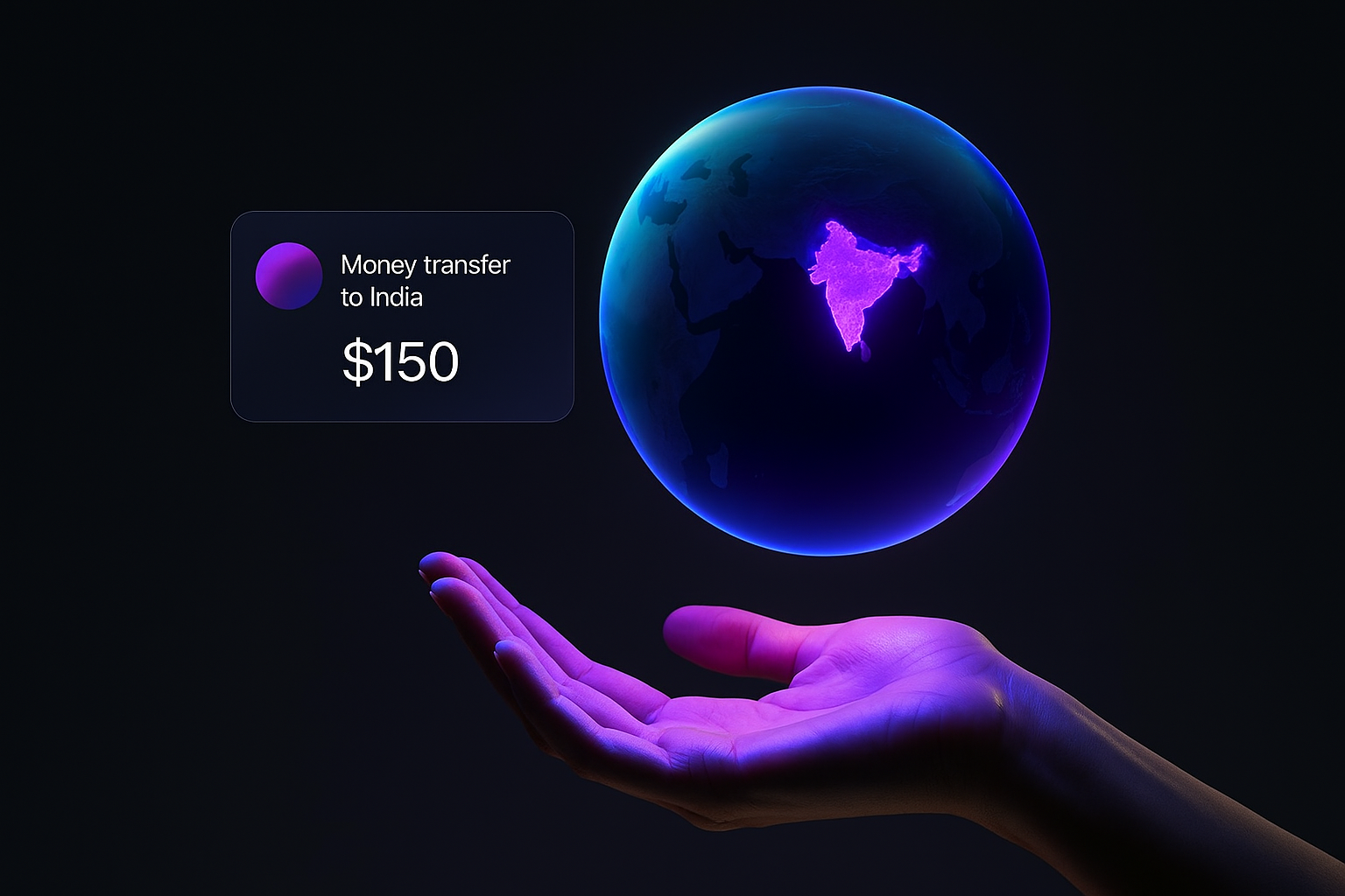 A purple-lit hand holding a glowing blue globe with India highlighted in pink. Text overlay shows 'Money transfer to India $150' against a dark background