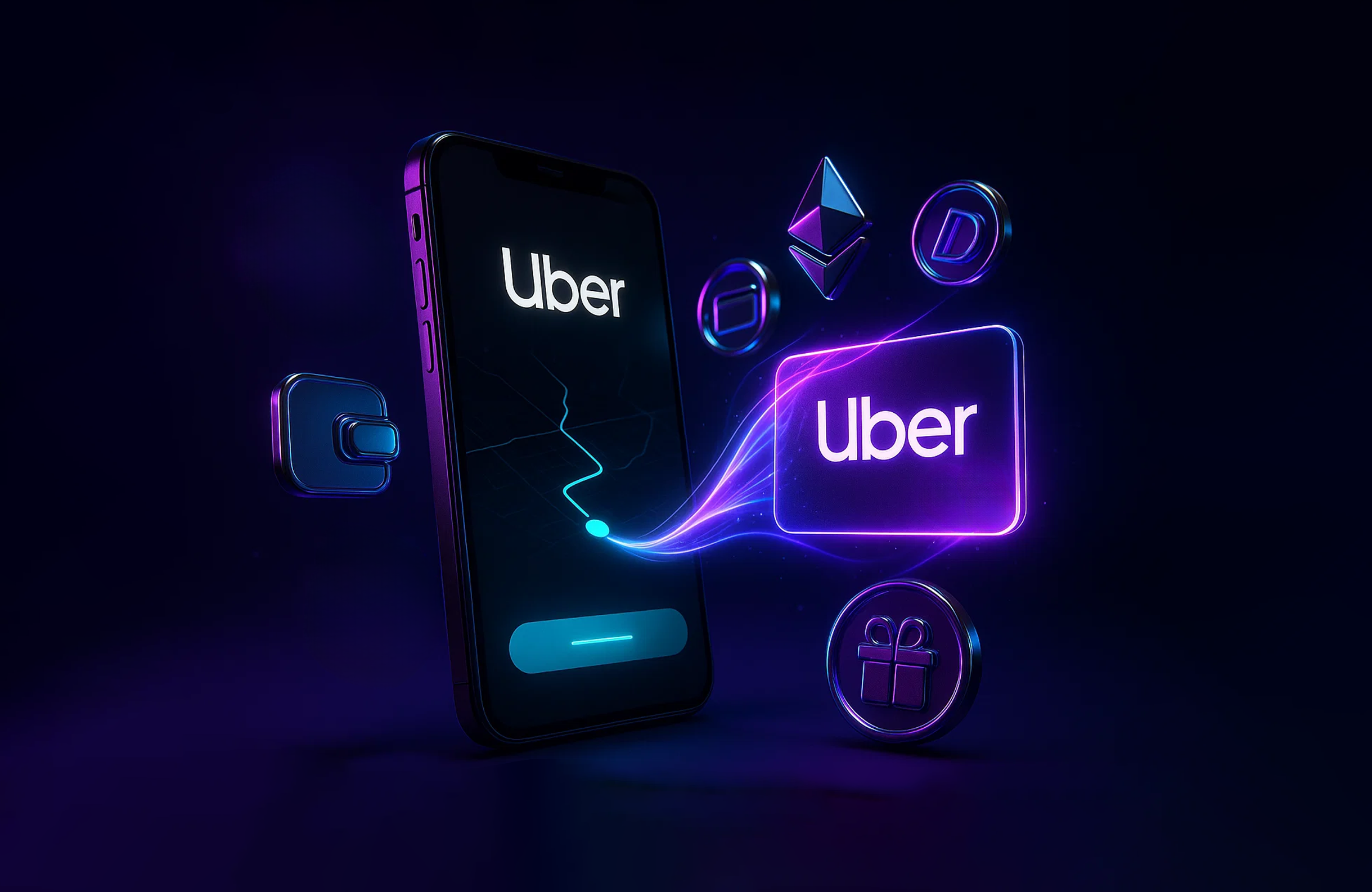 Uber app on smartphone with cryptocurrency and digital payment icons