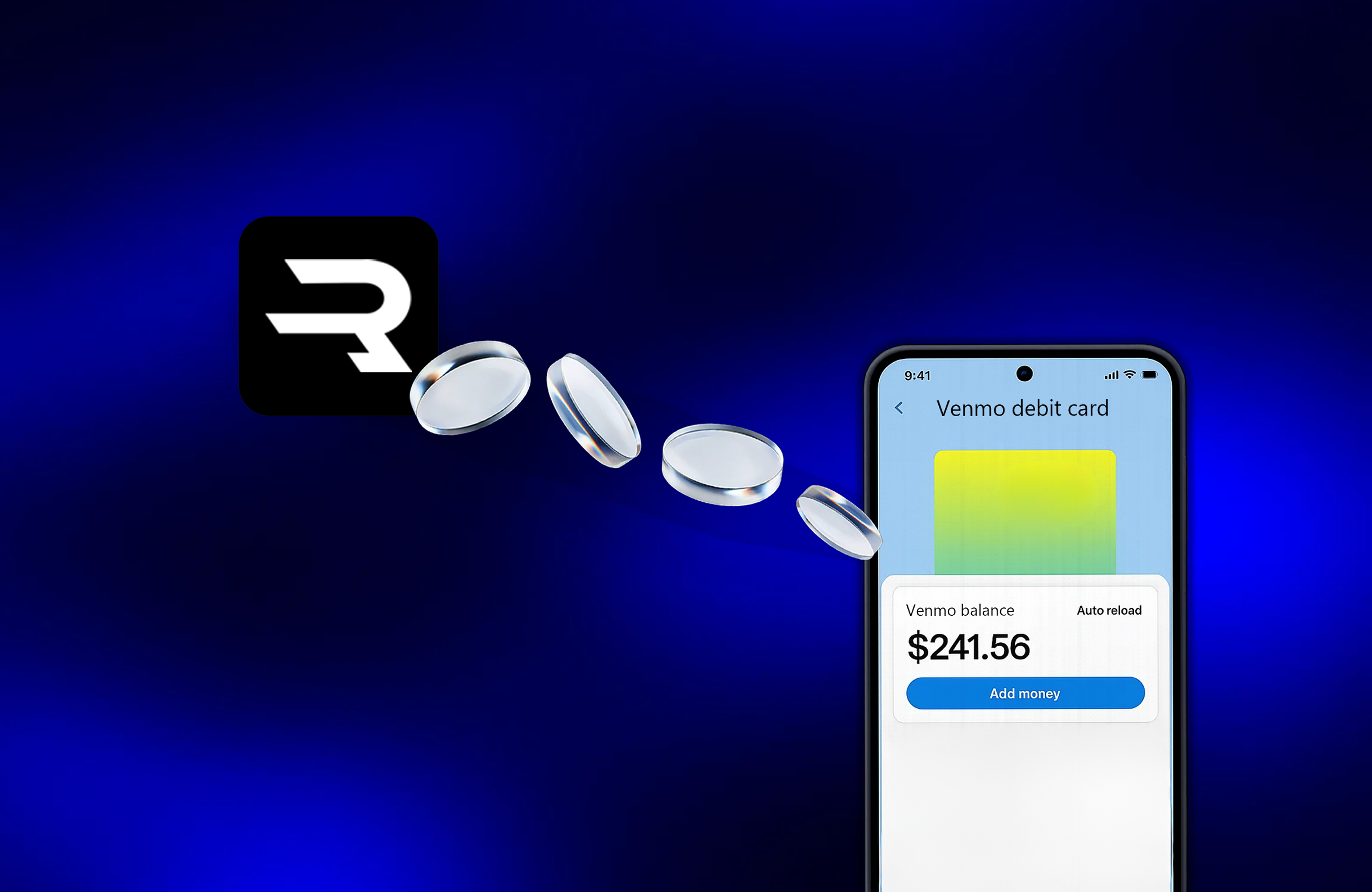 Venmo mobile app showing debit card screen with Rewarble logo icon with silver coins