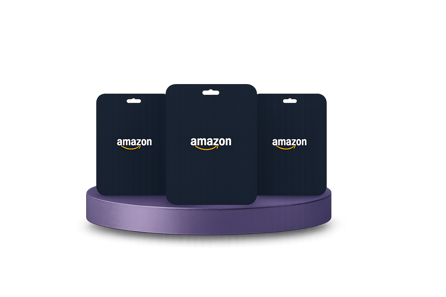 Three Amazon gift cards displayed on a purple stand with a dark background, representing digital shopping and gifting options.